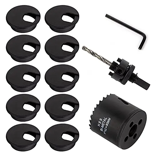 10 PCS 2 inch Desk Wire Cord Cable Grommets Hole Cover with Hole Saw Kit High Speed Bi-Metal Holesaw Drill Bits for Office PC Desk Cable Cord