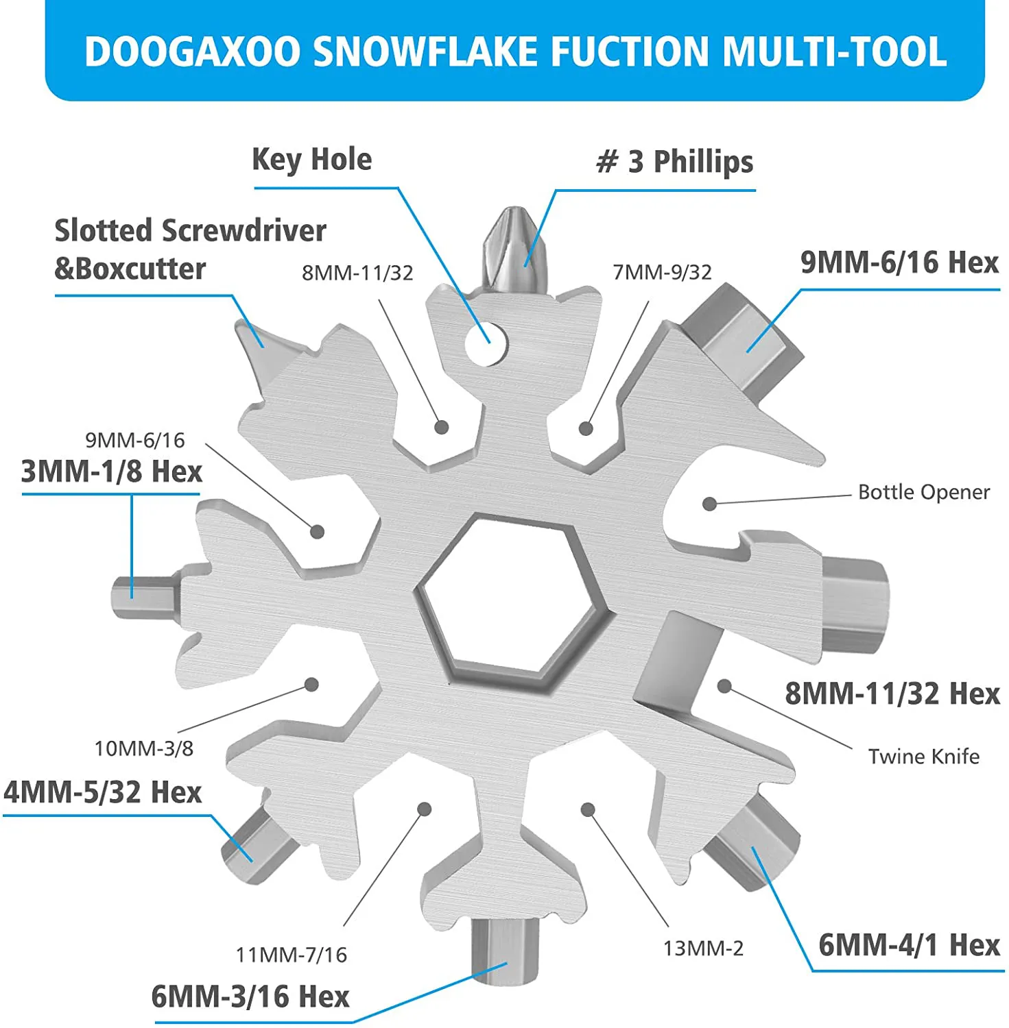 18-In-1 Snowflake Multi Tool,Function Stainless Steel Bottle Opener/Wrench, Flat Cross Screwdriver Kit Snowflake, Outdoor Durable and Portable,Great Christmas Gift for Mens (Sliver Black)