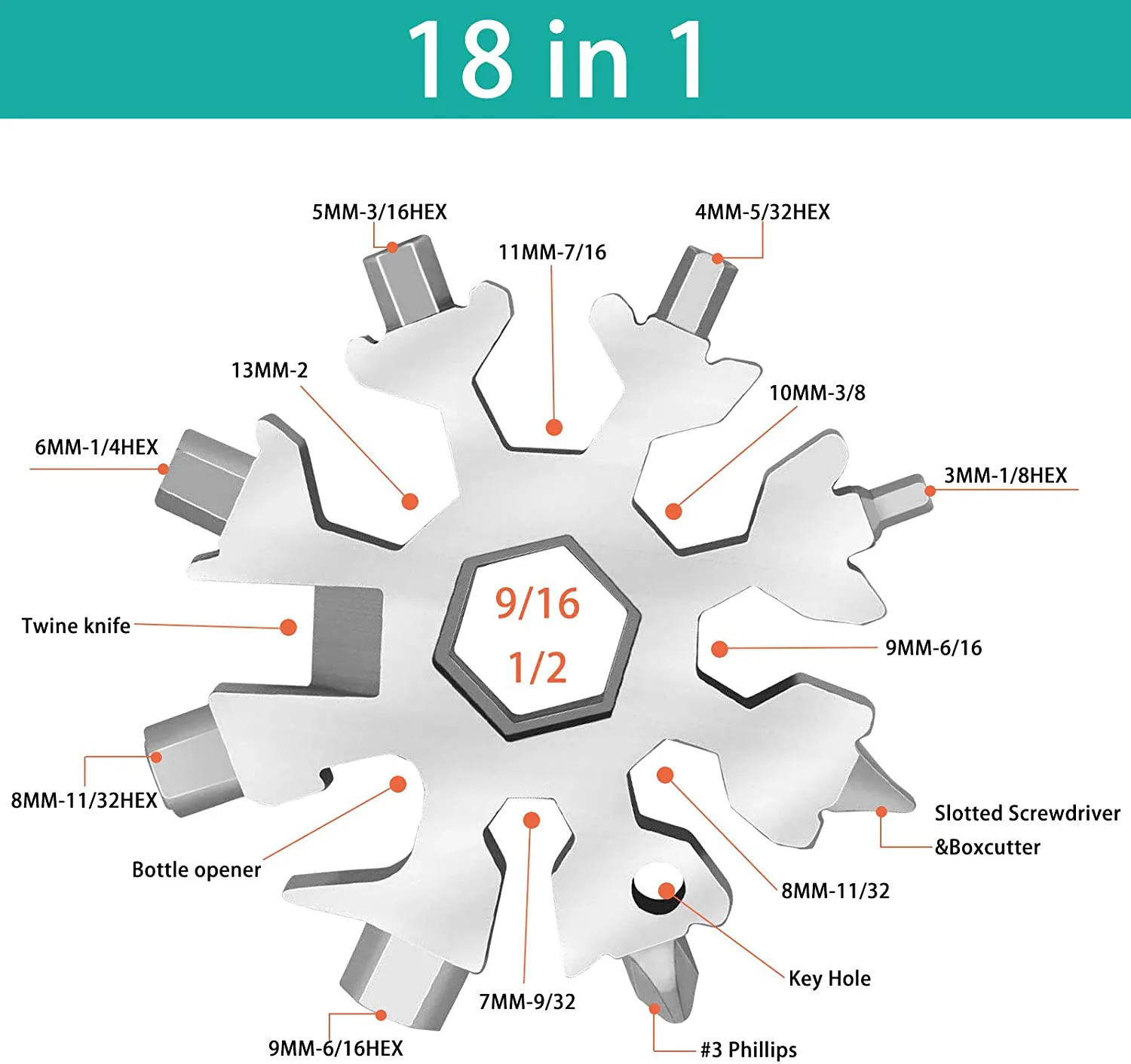 18-In-1 Snowflake Multitool, Incredible Tool, Portable Stainless Steel Multi Tool for Outdoor Travel Camping Adventure Daily Tool, Best Gifts for Mens Dad Him Boyfriend Husband (Sliver)