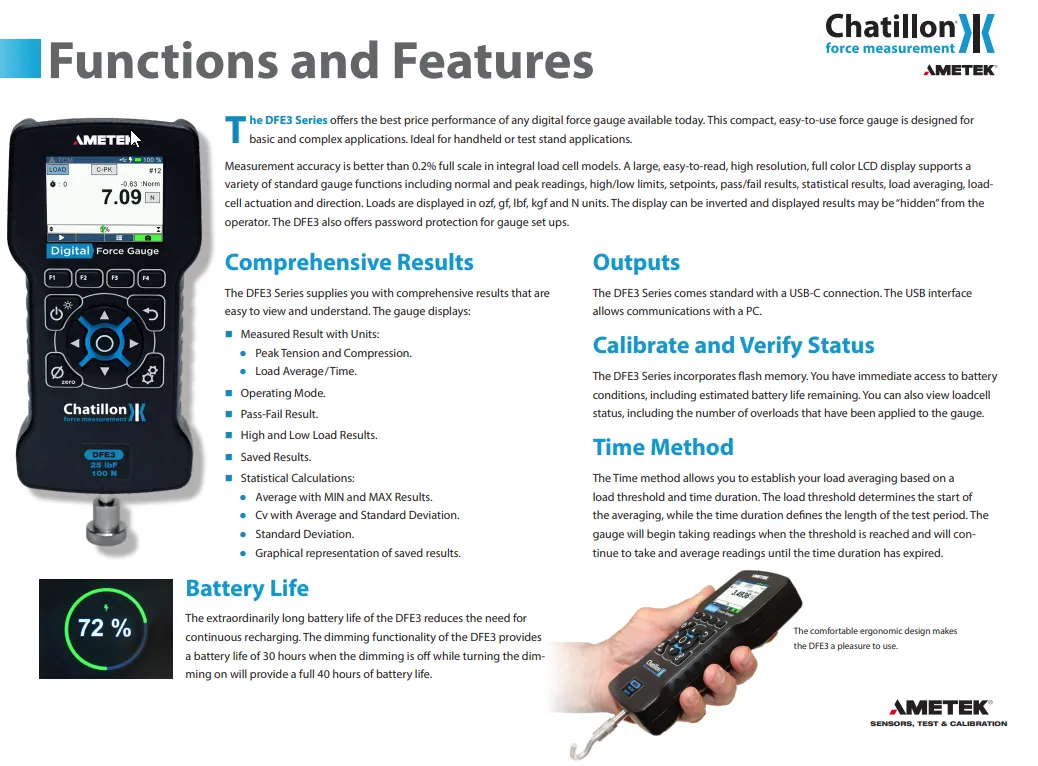 Ametek Chatillon DFS3-500 Digital Force Gauge - 500 x 0.01 lbf, N 2500 x .1N, Kgs 250 x.01Kg