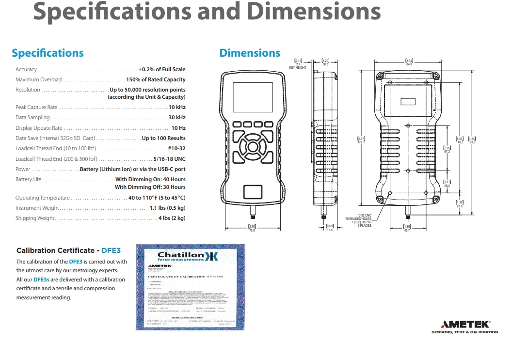 Ametek Chatillon DFS3-500 Digital Force Gauge - 500 x 0.01 lbf, N 2500 x .1N, Kgs 250 x.01Kg