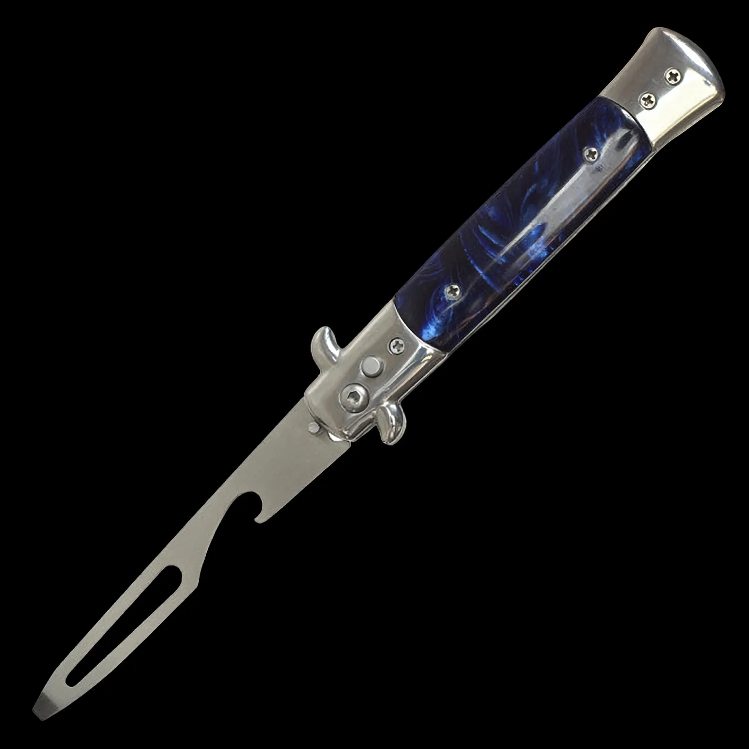 Automatic Stiletto Push Button Bottle Opener   Screwdriver Pearl Blue