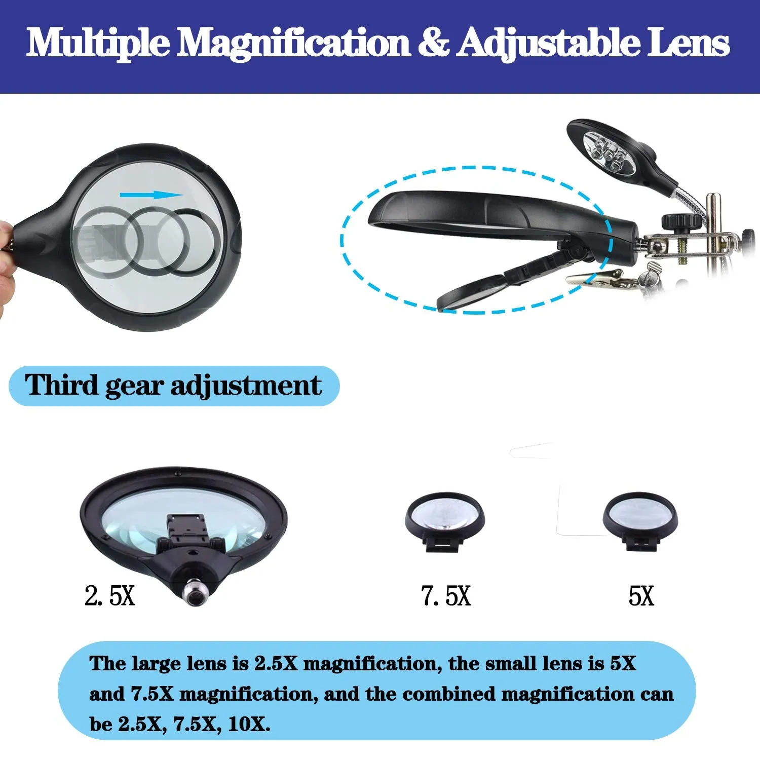 Beileshi 2.5X 7.5X 10X LED Light Helping Hands Magnifier Soldering Station,Magnifying Glass Stand with Auxiliary Clamp and Alligator Clips 2.5x 7.5x 10x