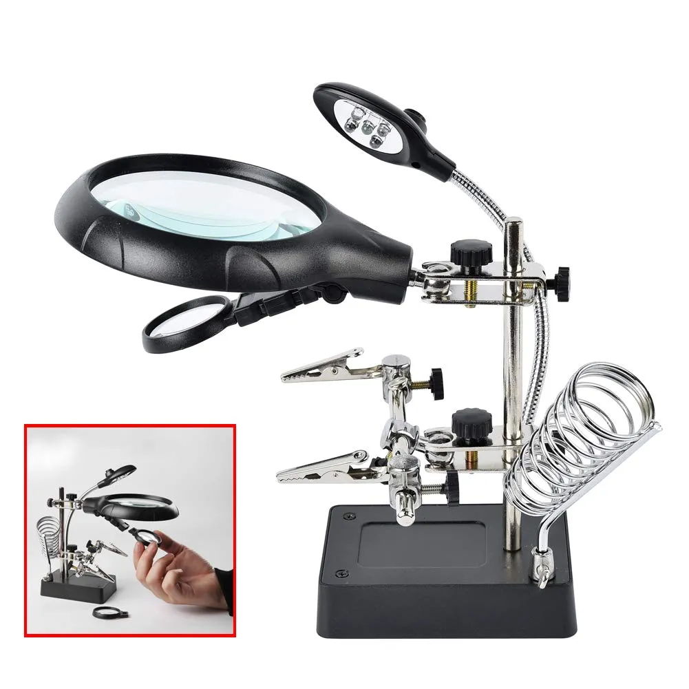 Beileshi 2.5X 7.5X 10X LED Light Helping Hands Magnifier Soldering Station,Magnifying Glass Stand with Auxiliary Clamp and Alligator Clips 2.5x 7.5x 10x