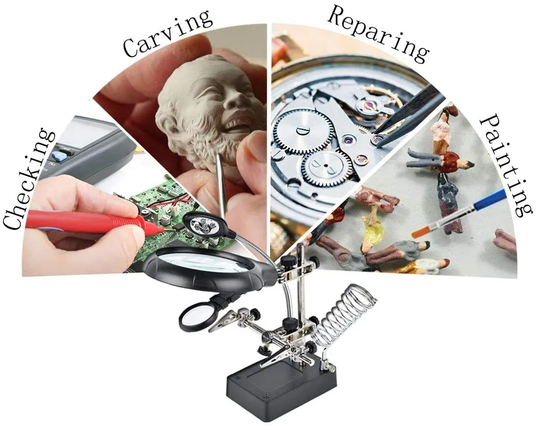 Beileshi 2.5X 7.5X 10X LED Light Helping Hands Magnifier Soldering Station,Magnifying Glass Stand with Auxiliary Clamp and Alligator Clips 2.5x 7.5x 10x
