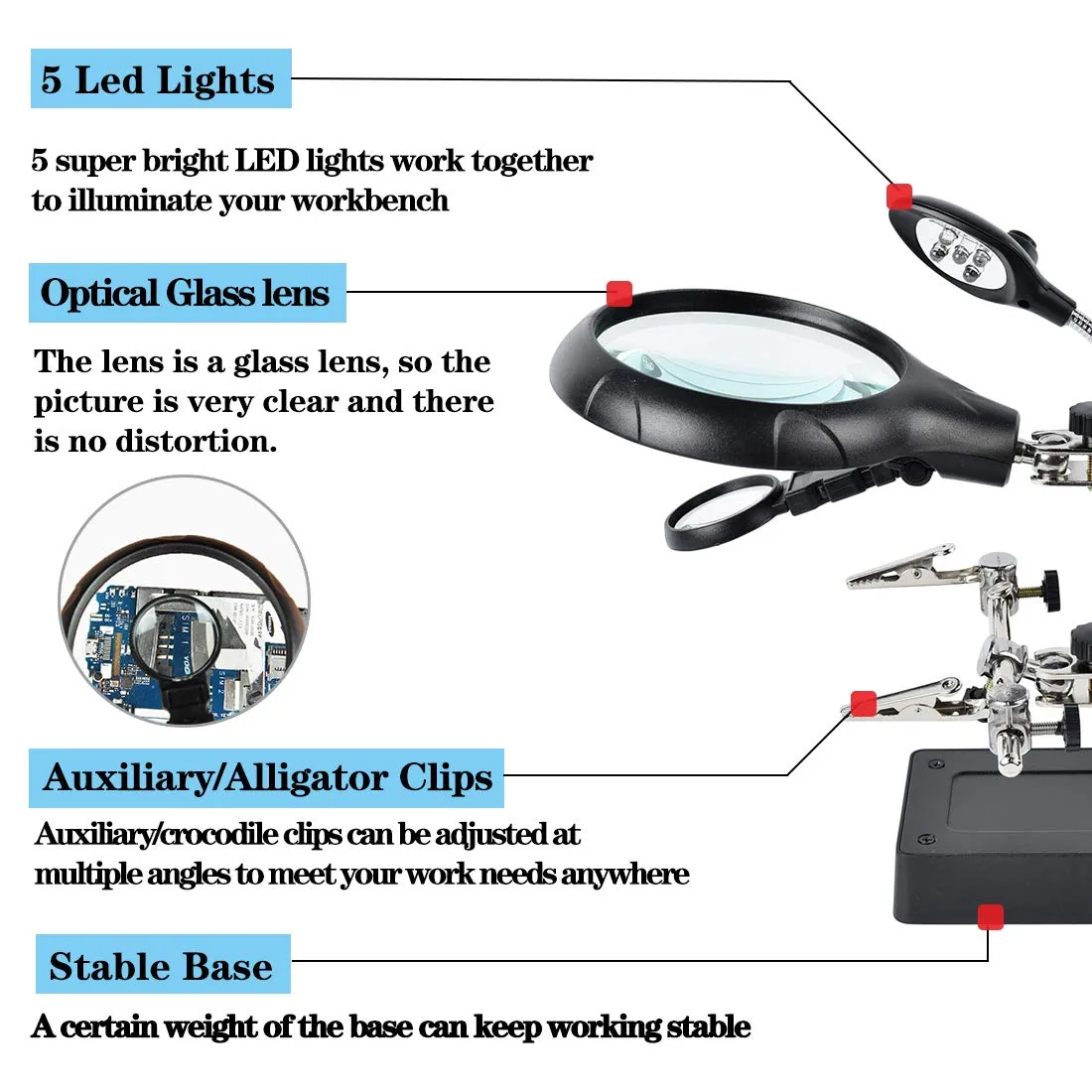 Beileshi 2.5X 7.5X 10X LED Light Helping Hands Magnifier Soldering Station,Magnifying Glass Stand with Auxiliary Clamp and Alligator Clips 2.5x 7.5x 10x