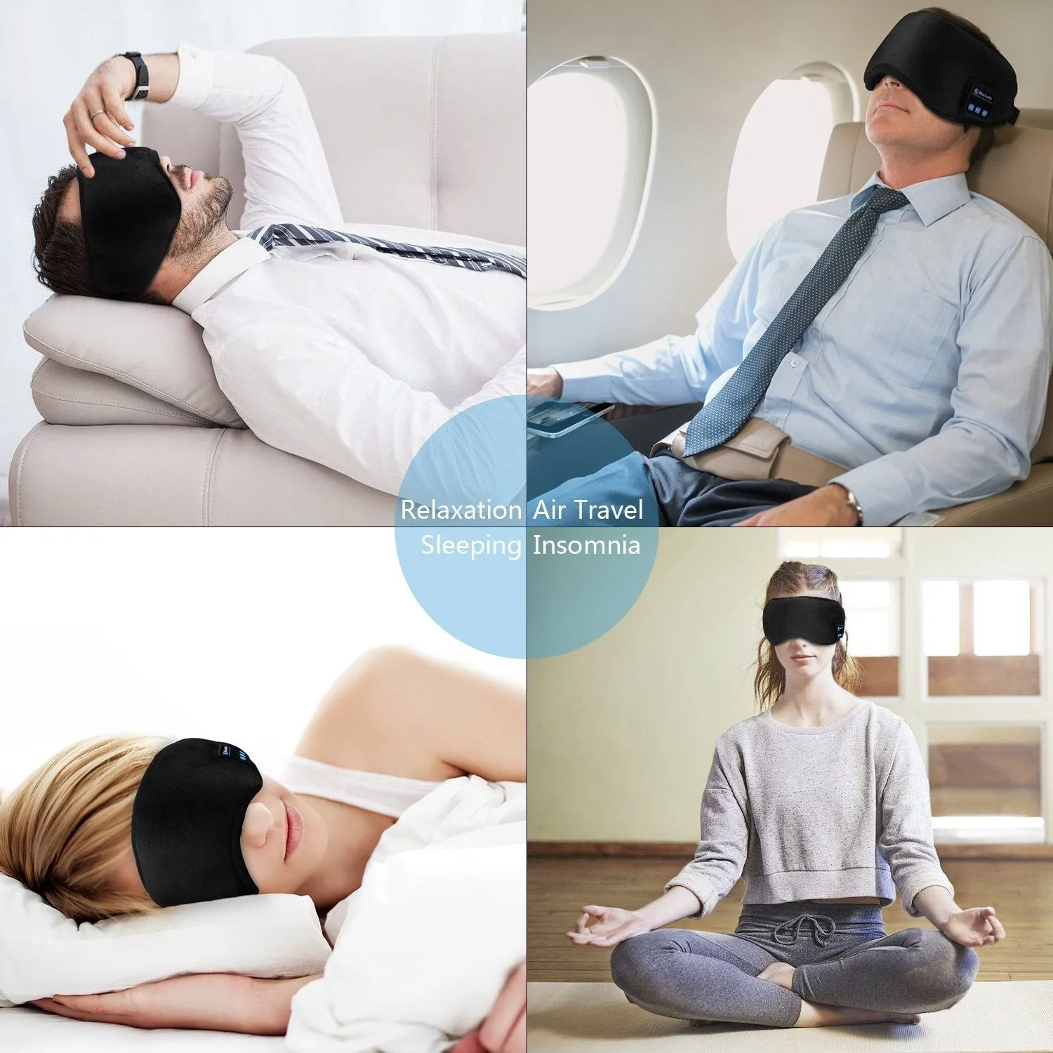 Bluetooth Sleeping Eye Mask Headphones, Sleeping Stereo Eye Shades Headphone Handsfree Music Headset Earpiece Washable for Travel Siesta - Black