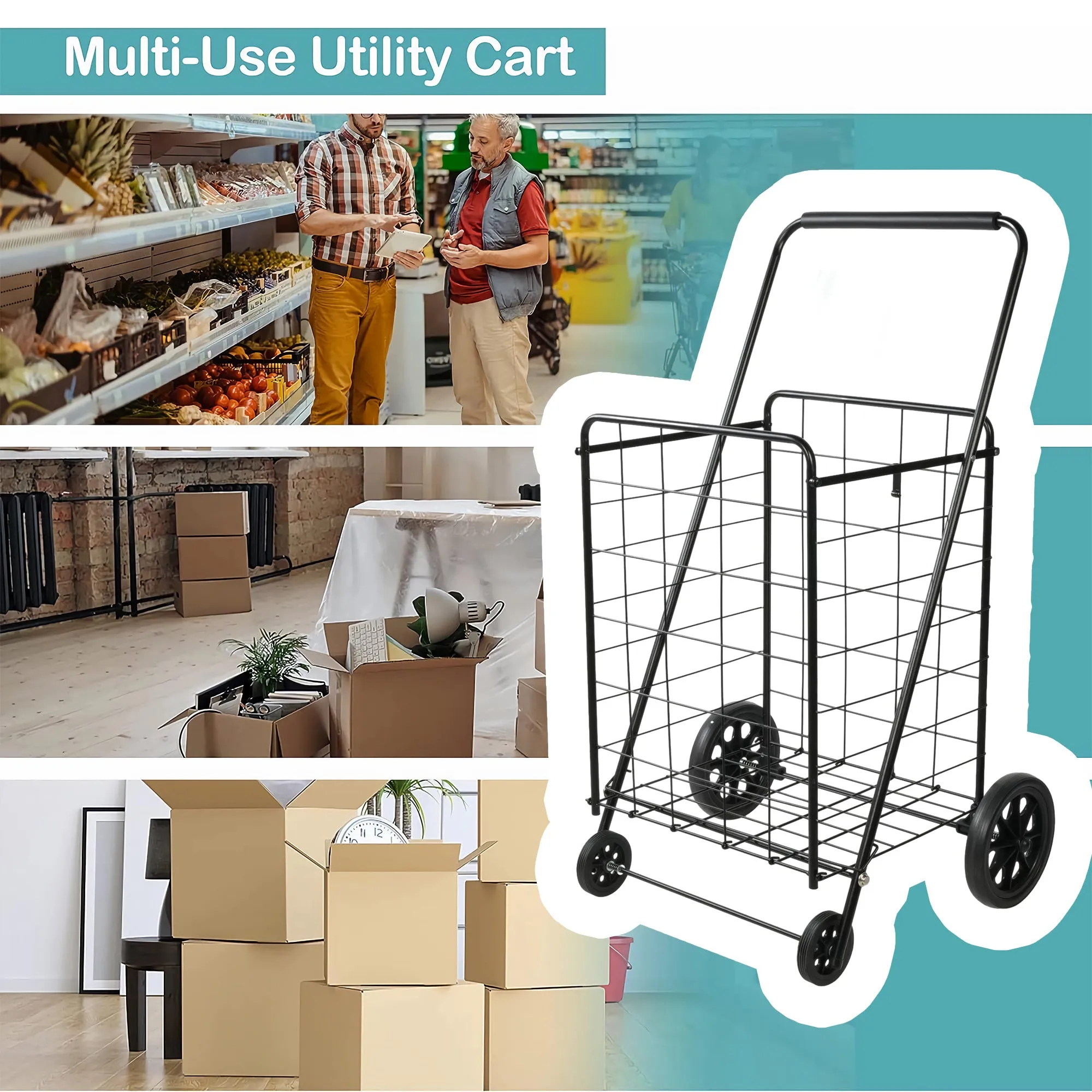 Folding Grocery Shopping Cart with Durable Wheels Collapsible Large Metal Utility Cart, Black
