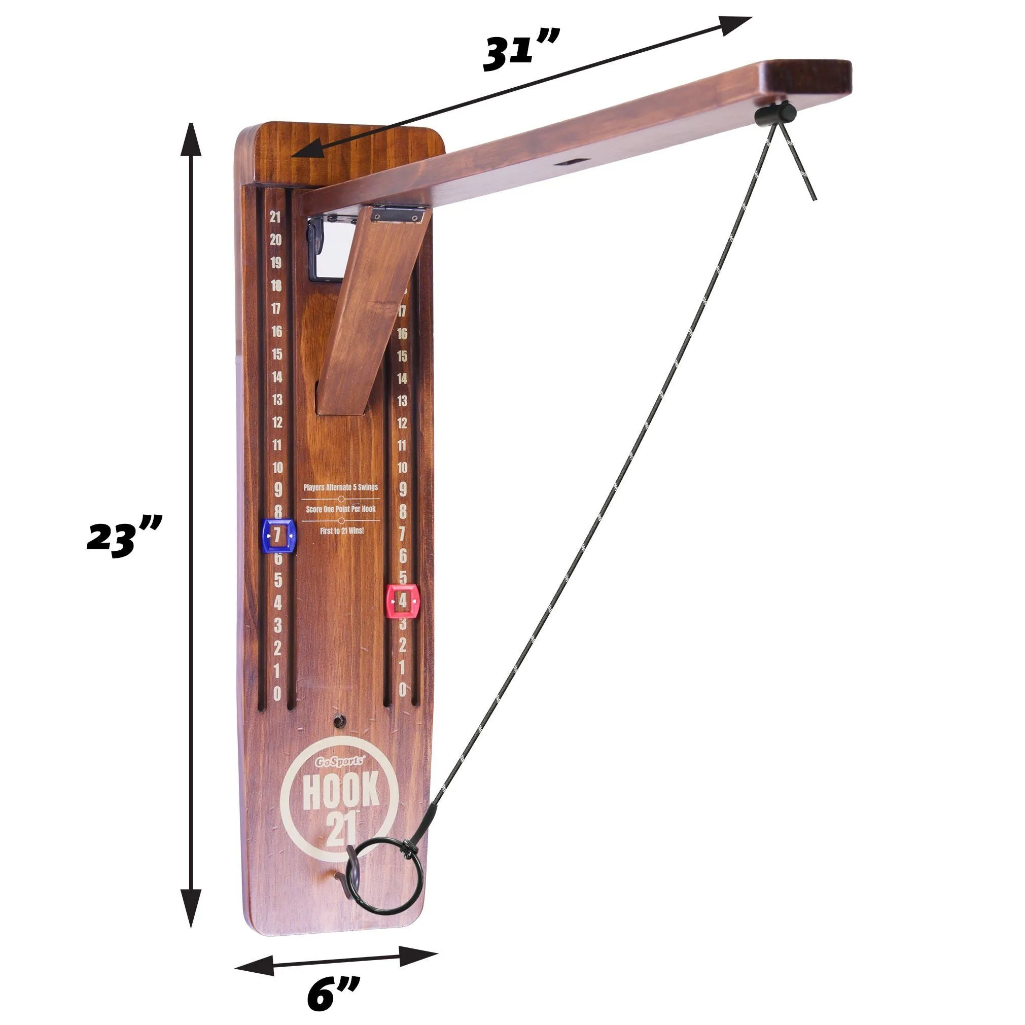 GoSports Hook21 Ring Swing Game - Indoor or Outdoor Ring Toss Game with Foldable Arm - Brown