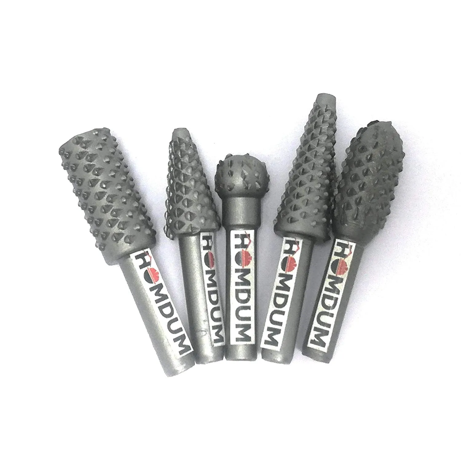 Homdum Rotary Burr Set 5 Piece Set of Heavy Duty and Durable 1/4 Shank Rotary Rasp File Set - Wood Carving - Ball, Oval, Cylinder