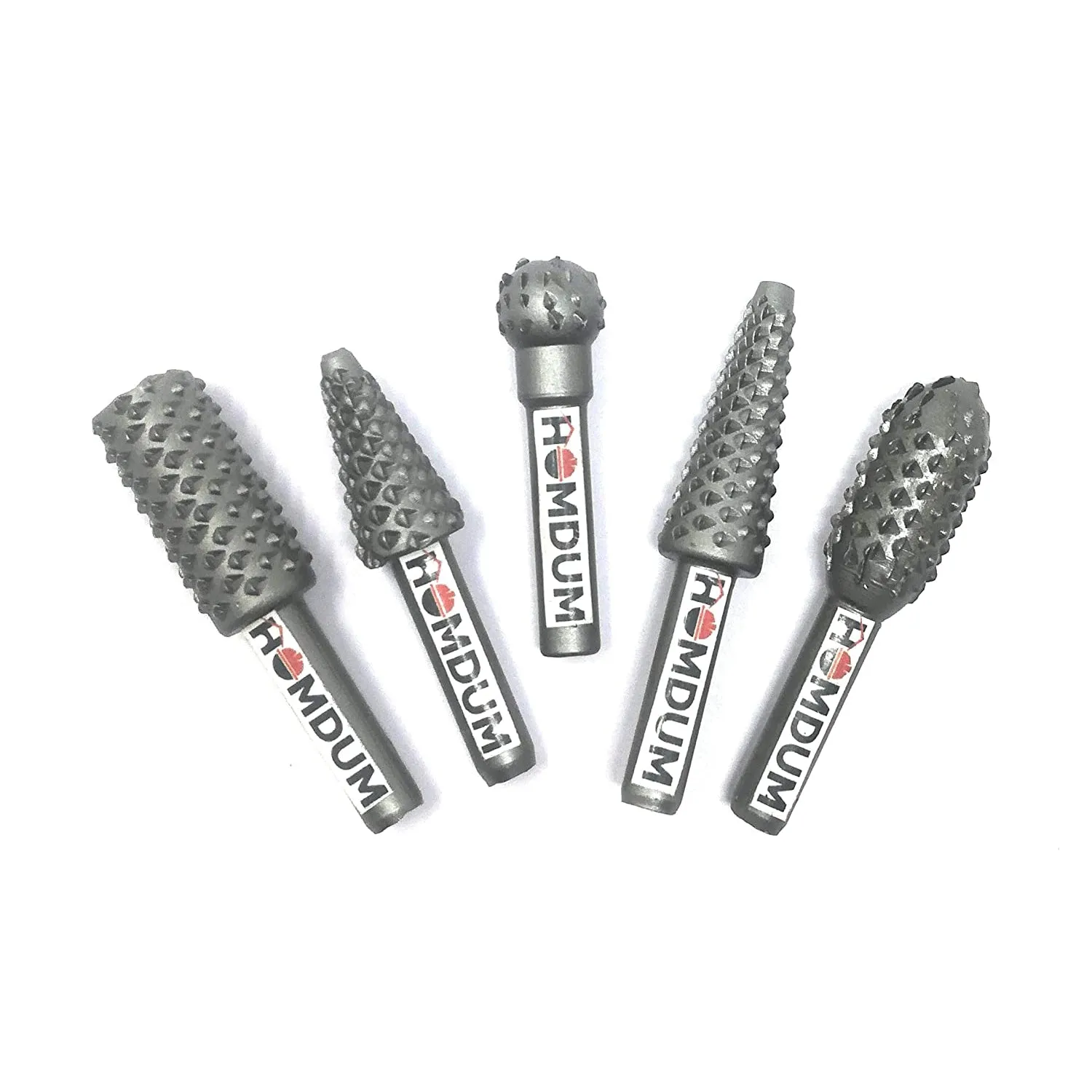 Homdum Rotary Burr Set 5 Piece Set of Heavy Duty and Durable 1/4 Shank Rotary Rasp File Set - Wood Carving - Ball, Oval, Cylinder