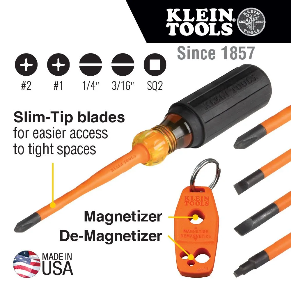 Klein 33736INS Screwdriver Set, 1000V Slim-Tip Insulated and Magnetizer, 6-Piece