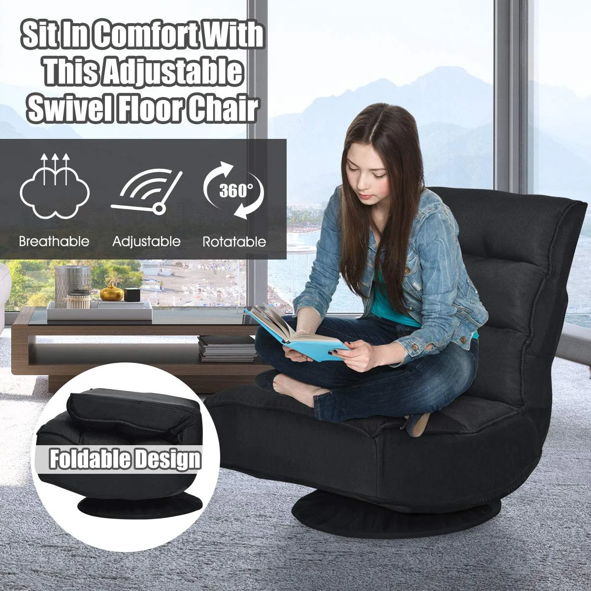 KOMFOTT 360 Degree Swivel and 6 Position Adjustable Folding Floor Chair