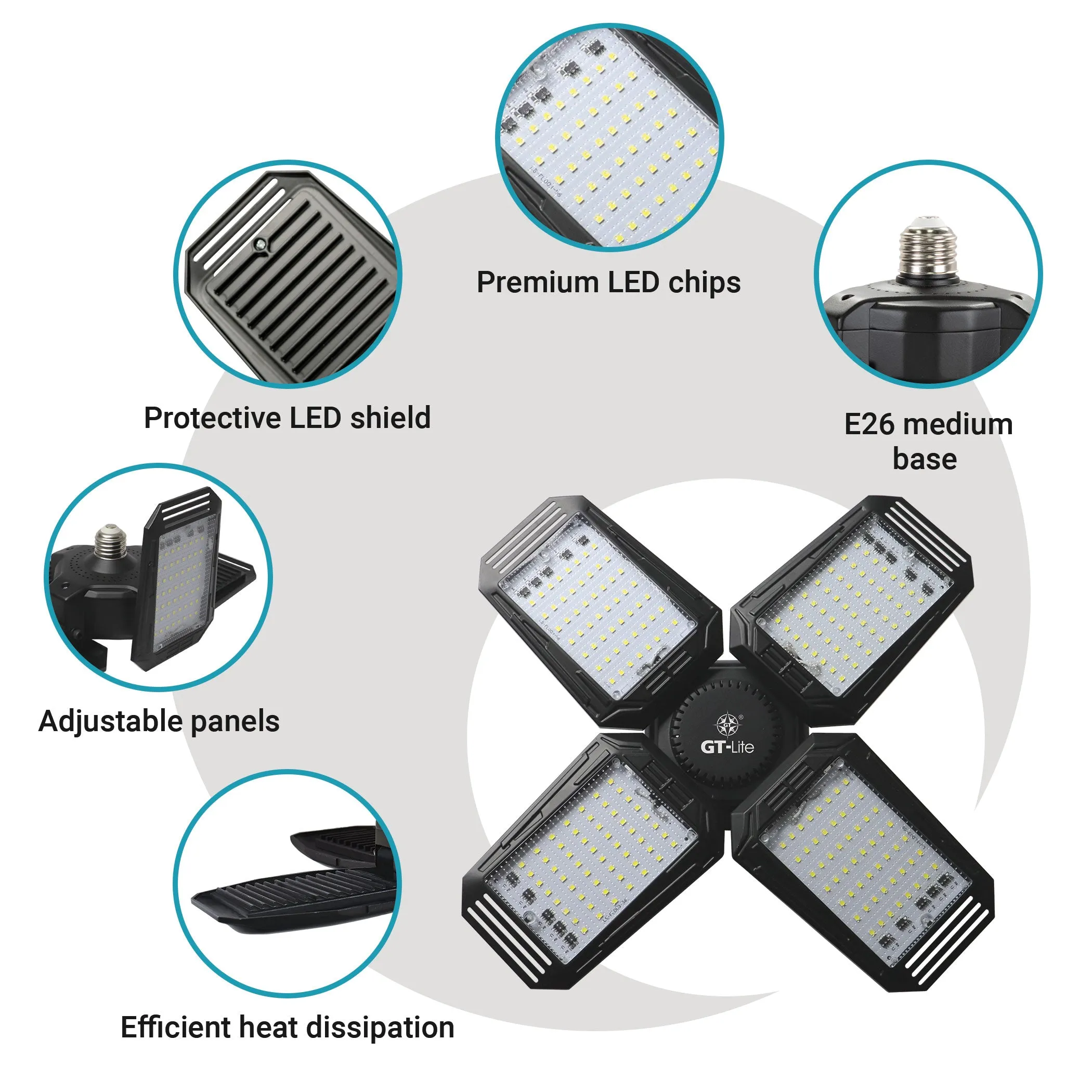 LED Garage Light 140-Watt 15,000 Lumen, Adjustable 4-Panel LED Light, 750-Watt Equivalent, 5000K Daylight, E26
