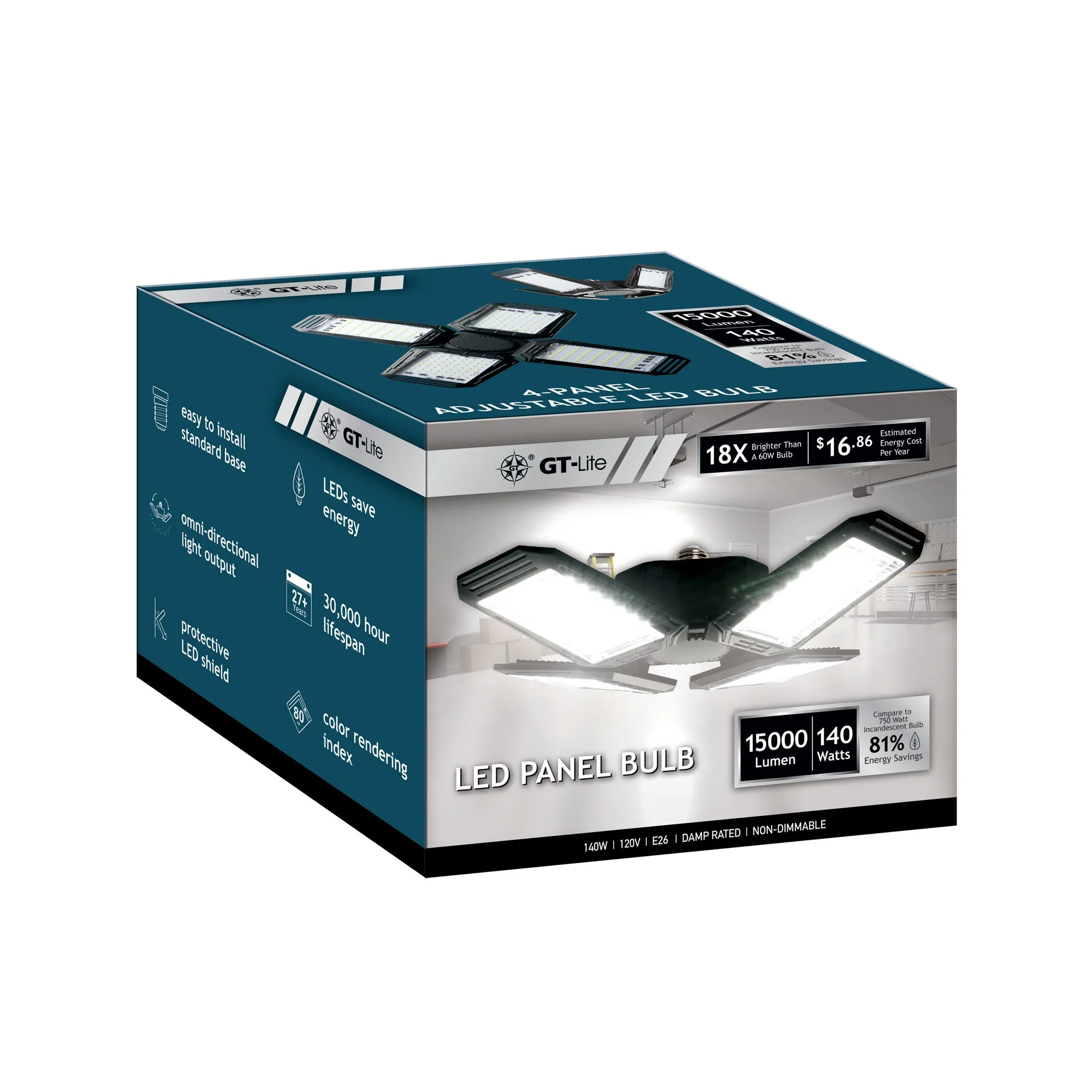 LED Garage Light 140-Watt 15,000 Lumen, Adjustable 4-Panel LED Light, 750-Watt Equivalent, 5000K Daylight, E26