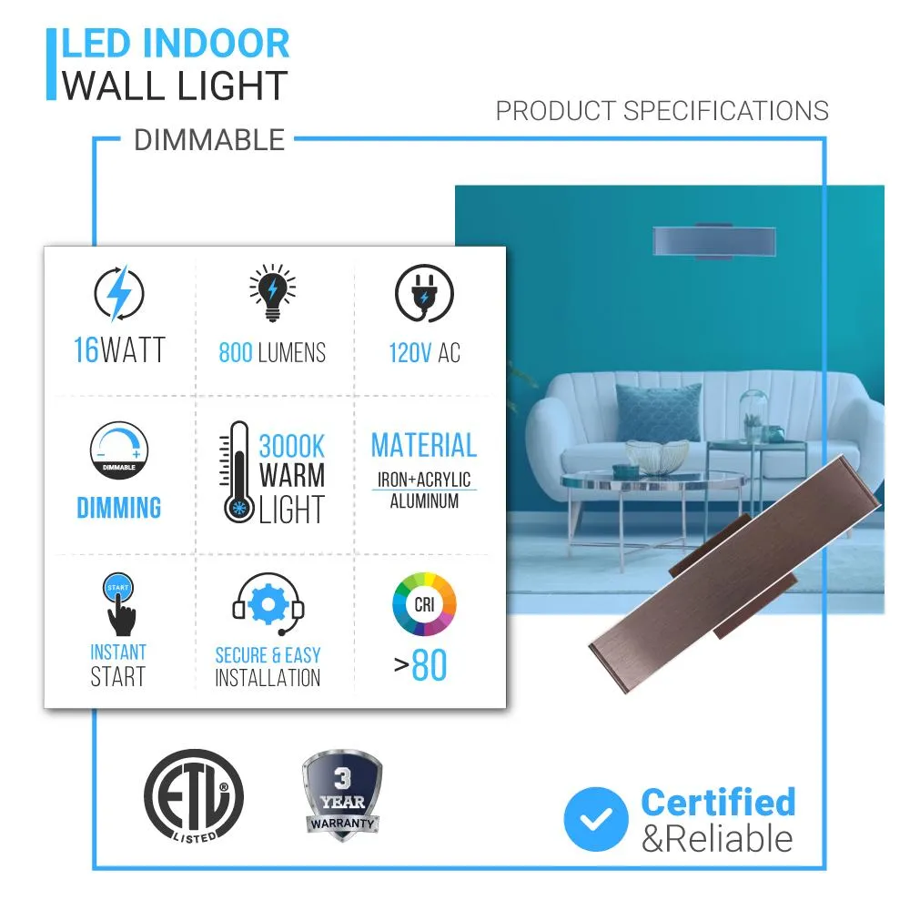 LED Wall Sconce Fixture, Dimmable, 3000K (Warm White), Brushed Brown (W1391-L)