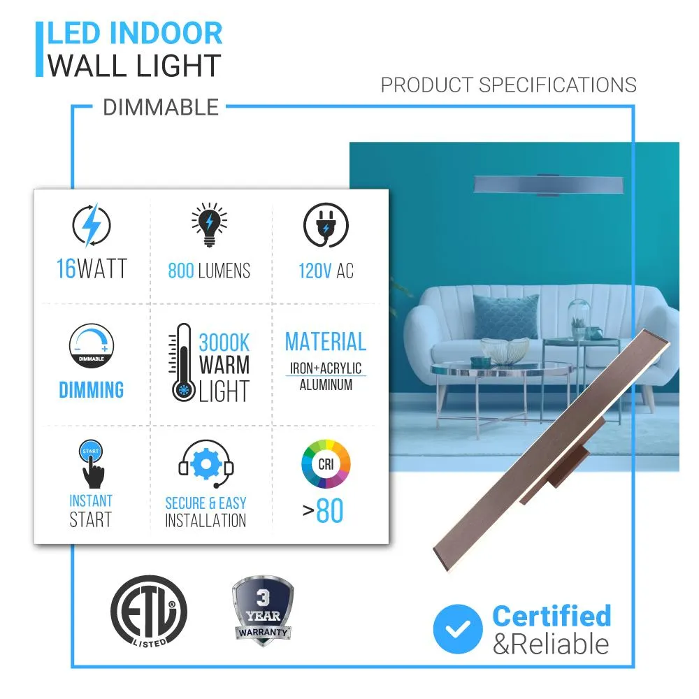LED Wall Sconce Fixture, Dimmable, 3000K (Warm White), Brushed Brown (W1391-L)