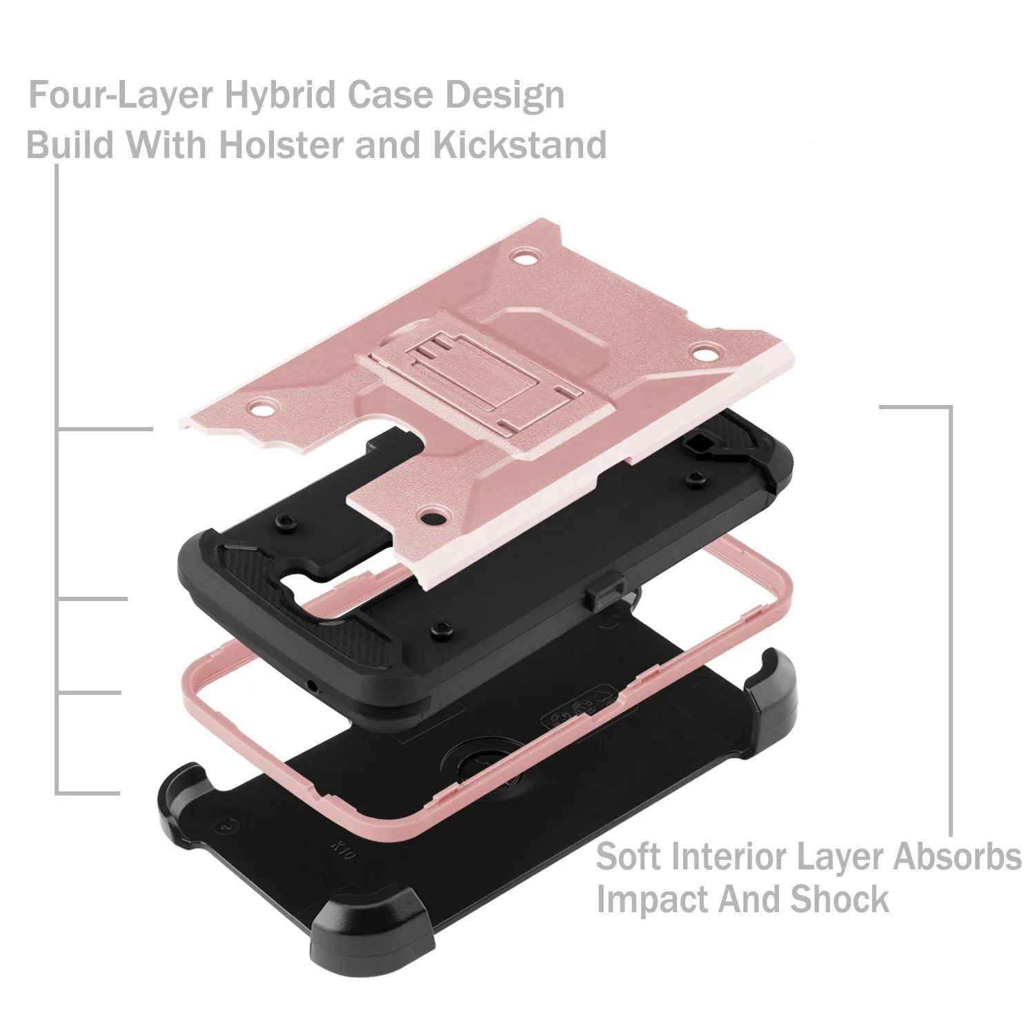 LG Stylo 2 / LG Stylo 2 V Case, Premium Tough Hybrid Holster Triple Layer Protector Case [Kickstand] Swivel Locking Belt Clip for LG Stylo 2 / LG Stylo 2 V - Rose Gold