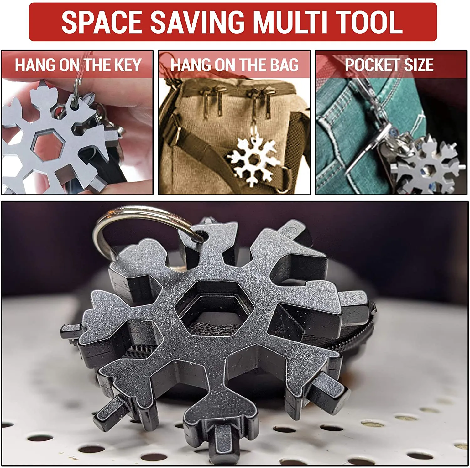 OPM Store 18 in 1 Snowflake Multitool – Metal Screwdriver / Bottle Opener / Wrench [Pack of 1] Keychain for Men - Portable Hand Tools - Outdoor Pocket Multi Tool