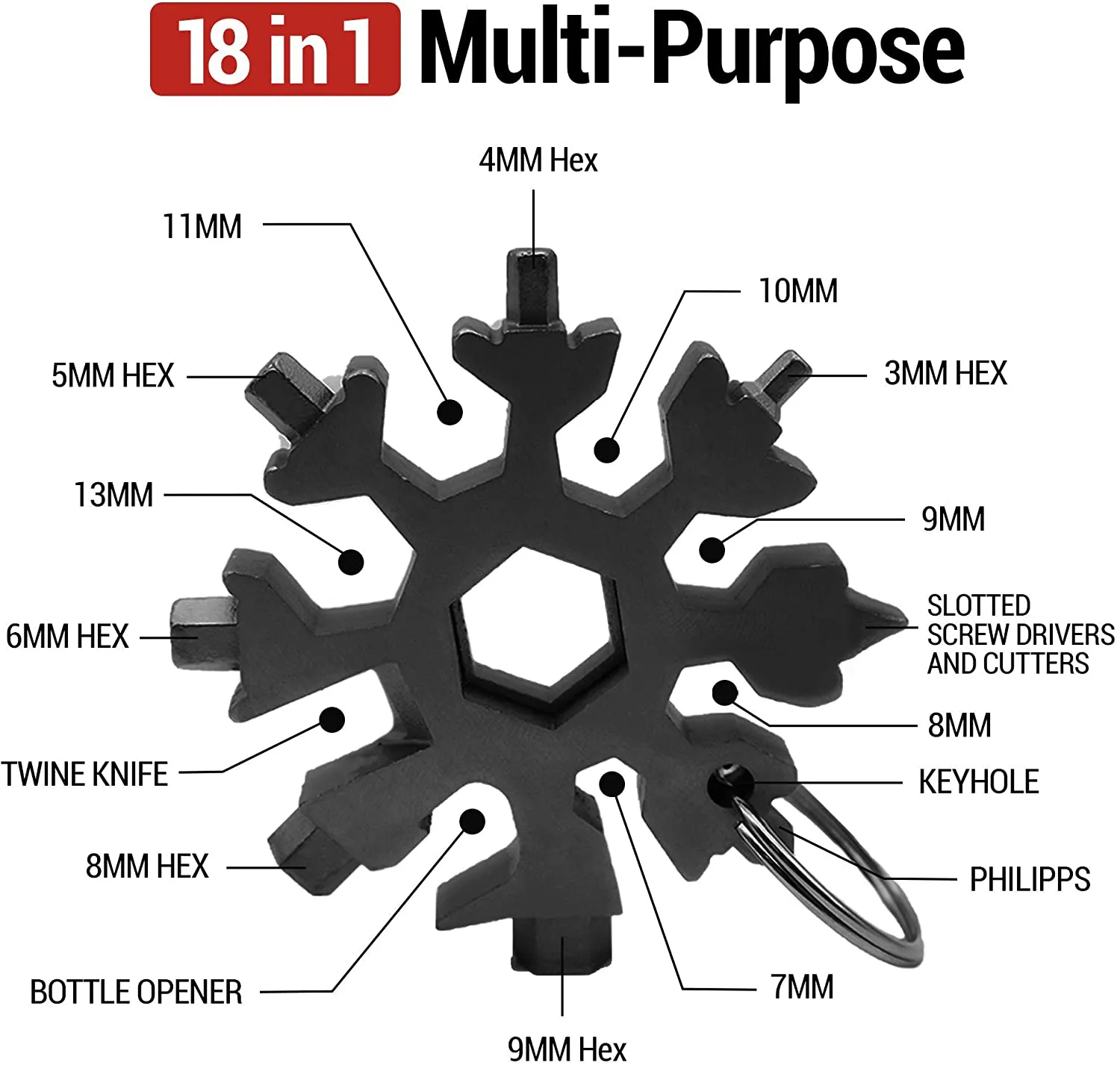 OPM Store 18 in 1 Snowflake Multitool – Metal Screwdriver / Bottle Opener / Wrench [Pack of 1] Keychain for Men - Portable Hand Tools - Outdoor Pocket Multi Tool