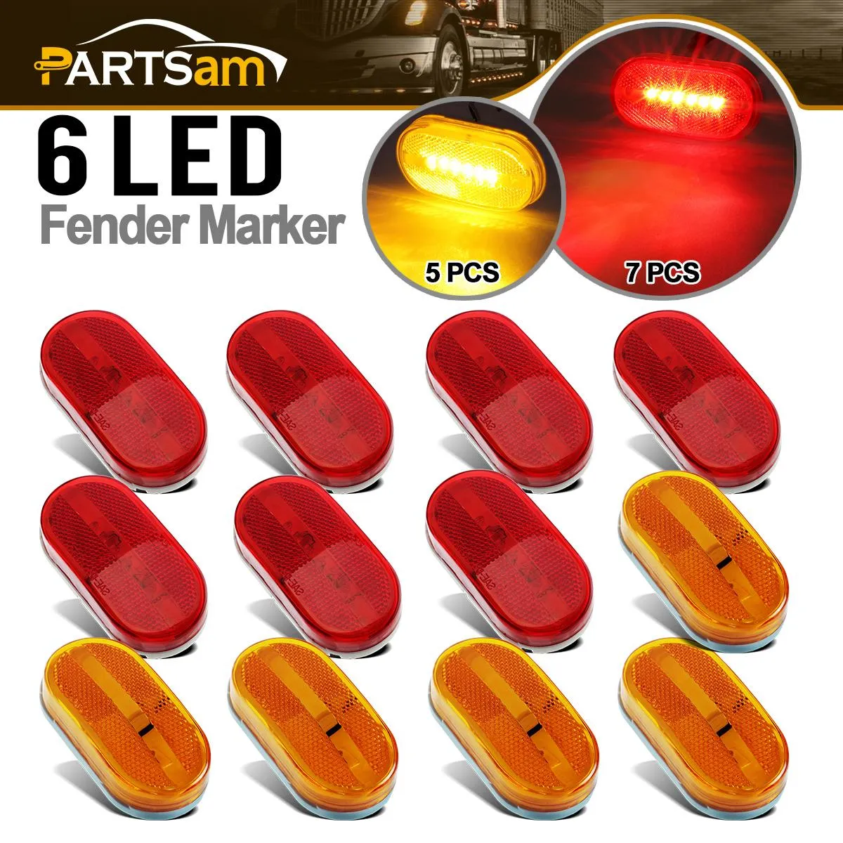Partsam Rectangle Rectangular 4inch x 2inch Led Trailer Clearance Side Marker Lights with Reflex Lens, Sealed Surface Mount 2x4 Oblong RV Camper Led Marker Lights 6LED - 7 Red & 5 Amber