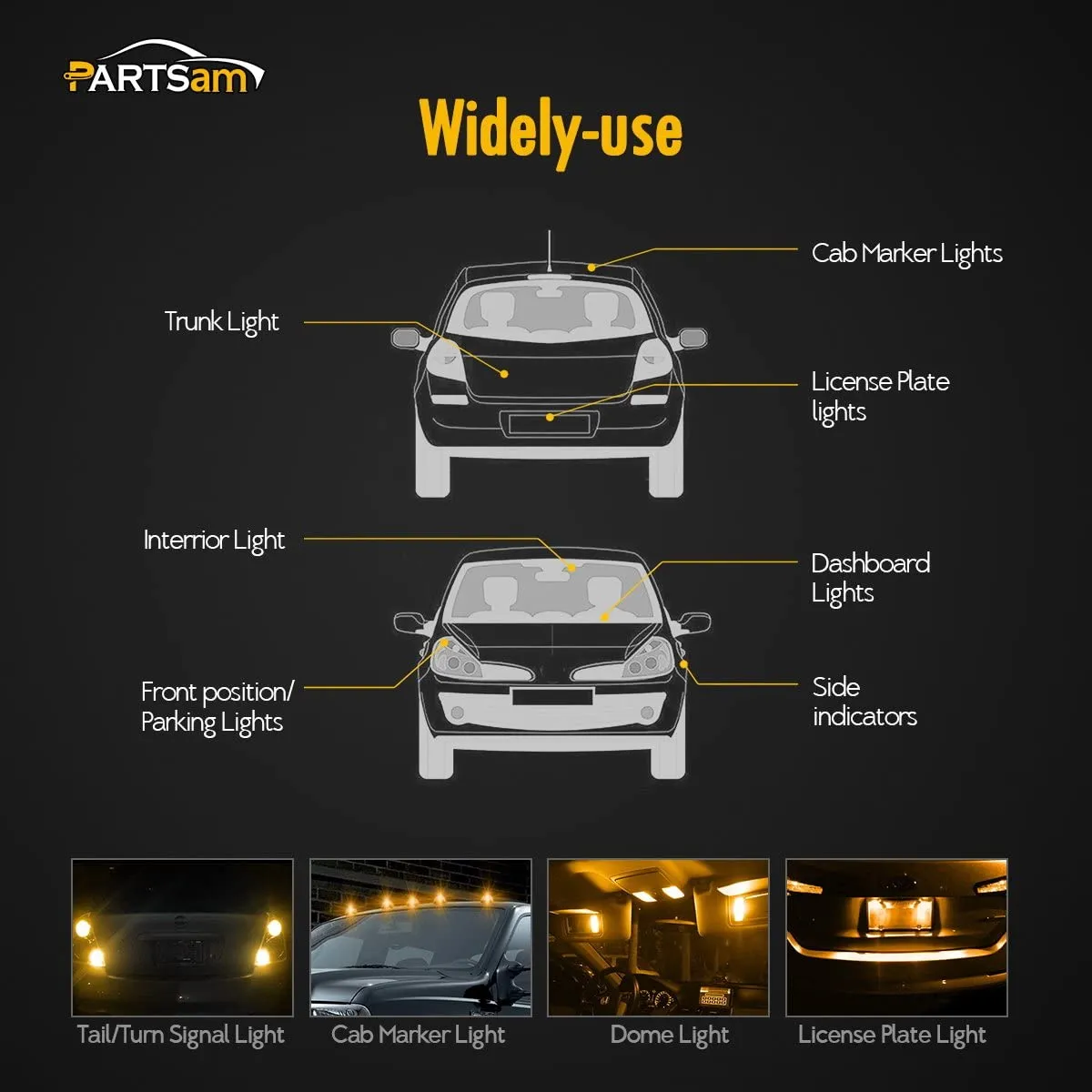 Partsam T10 LED Light Bulbs 5pcs 10-3528-SMD Chipset 194 168 Amber LED Replacement Bulbs for Pickup Truck Cab Marker Roof Running Top Light 12V (Pack of 5)