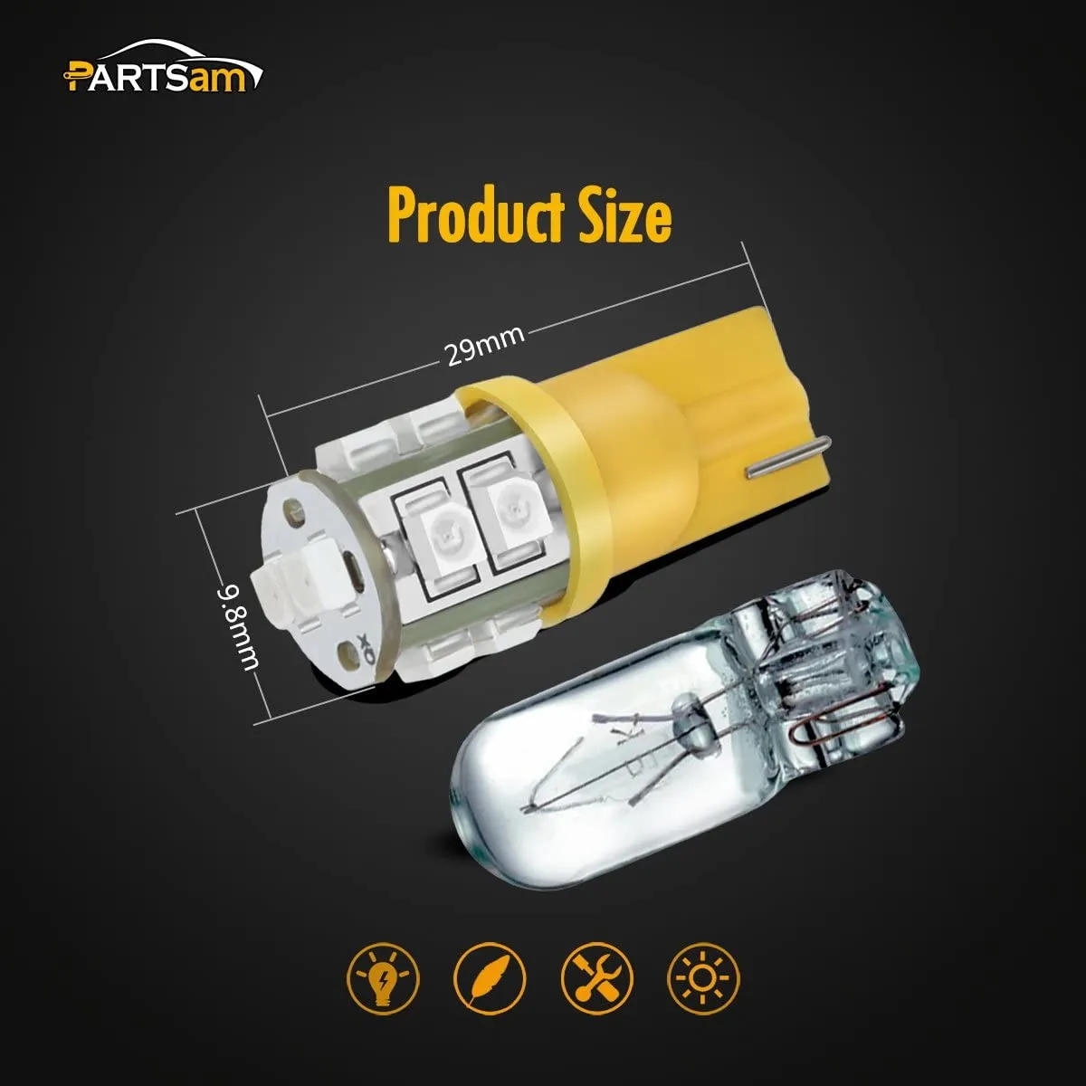 Partsam T10 LED Light Bulbs 5pcs 10-3528-SMD Chipset 194 168 Amber LED Replacement Bulbs for Pickup Truck Cab Marker Roof Running Top Light 12V (Pack of 5)