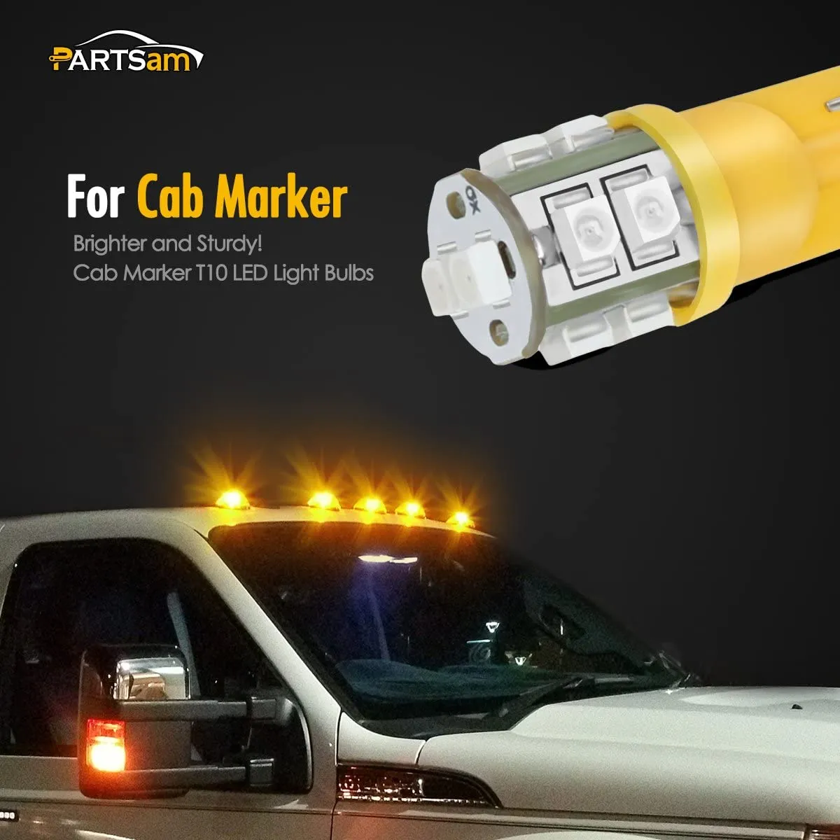 Partsam T10 LED Light Bulbs 5pcs 10-3528-SMD Chipset 194 168 Amber LED Replacement Bulbs for Pickup Truck Cab Marker Roof Running Top Light 12V (Pack of 5)