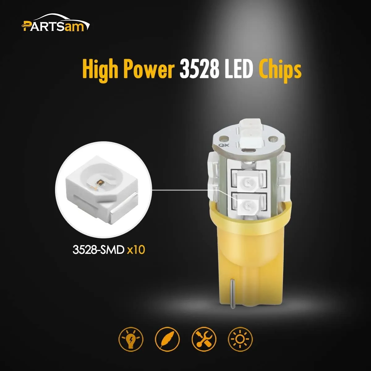 Partsam T10 LED Light Bulbs 5pcs 10-3528-SMD Chipset 194 168 Amber LED Replacement Bulbs for Pickup Truck Cab Marker Roof Running Top Light 12V (Pack of 5)
