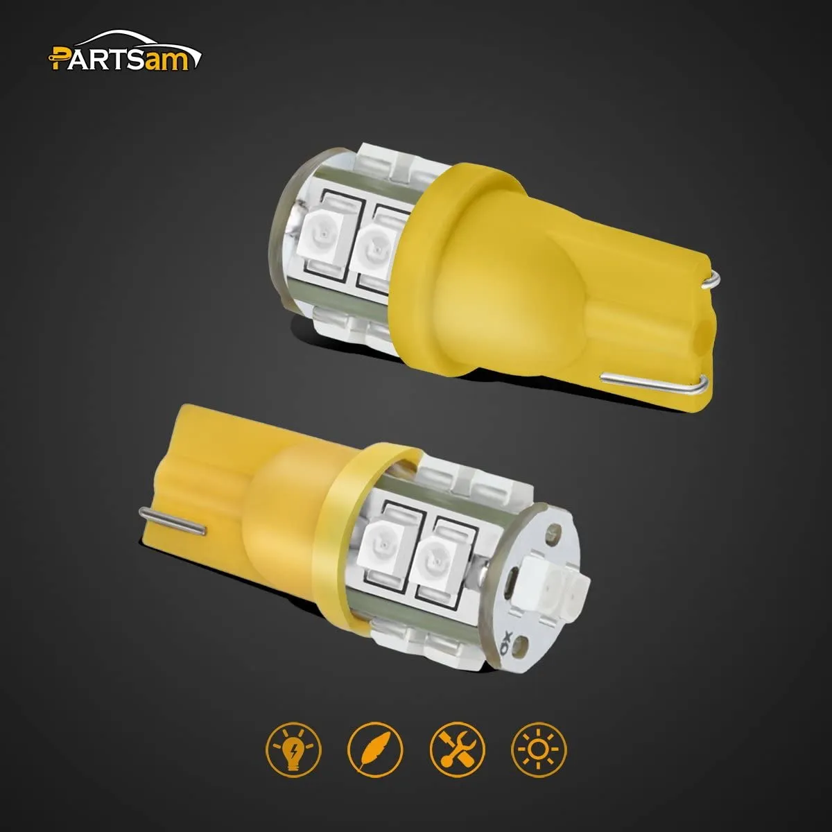 Partsam T10 LED Light Bulbs 5pcs 10-3528-SMD Chipset 194 168 Amber LED Replacement Bulbs for Pickup Truck Cab Marker Roof Running Top Light 12V (Pack of 5)
