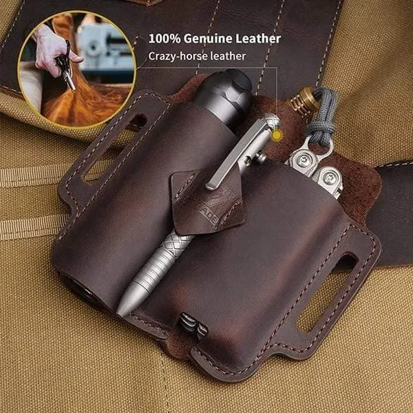PJ19 EDC Multitool Leather Sheath, Belt Organizer Sheath and Flashlight Pouch