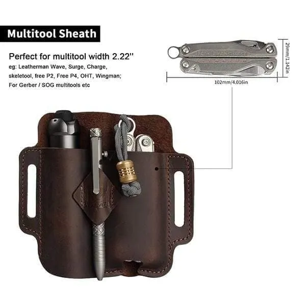 PJ19 EDC Multitool Leather Sheath, Belt Organizer Sheath and Flashlight Pouch