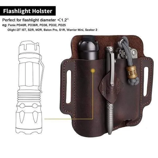 PJ19 EDC Multitool Leather Sheath, Belt Organizer Sheath and Flashlight Pouch