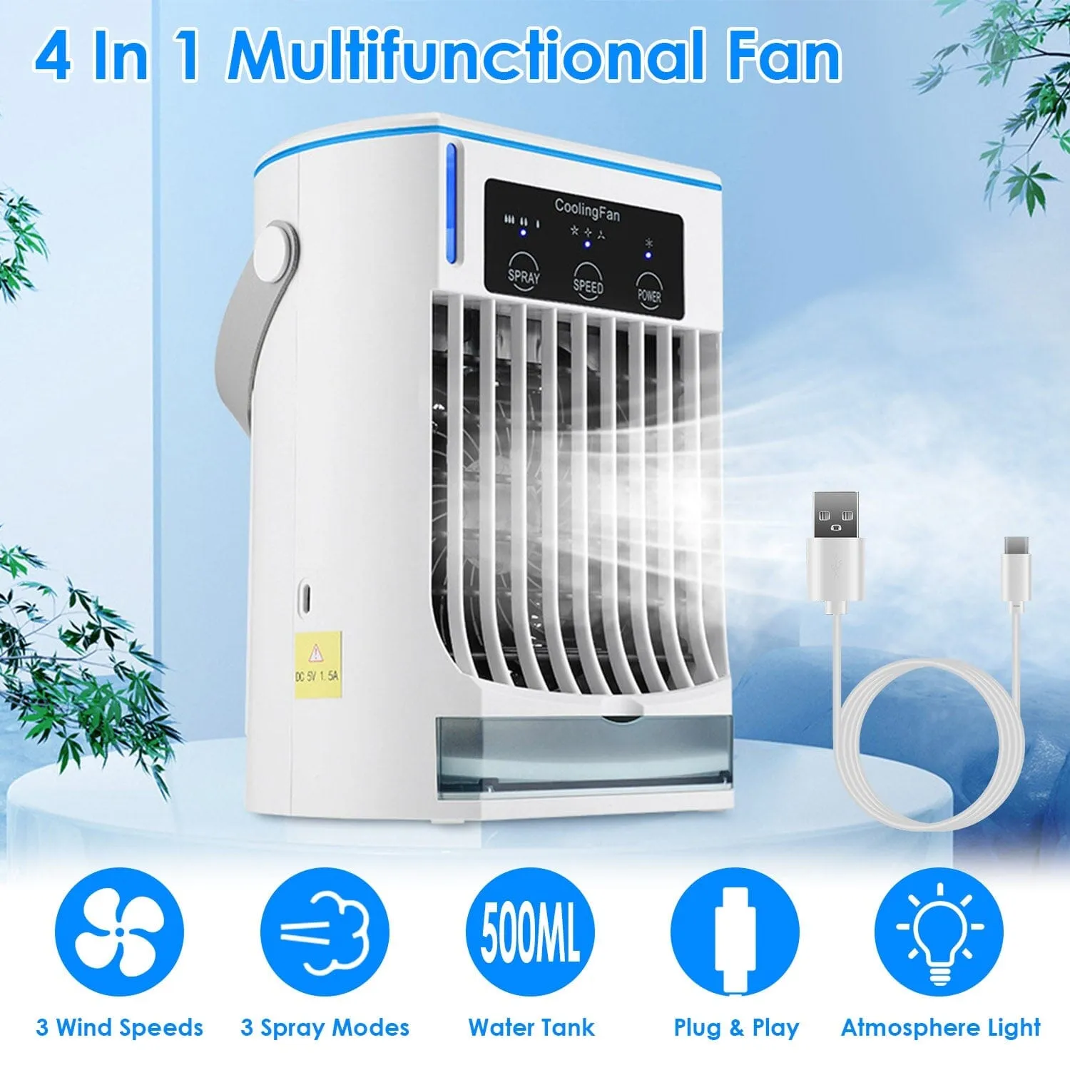 Portable Air Conditioner Fan Evaporative Humidifier 3 Speed Spray