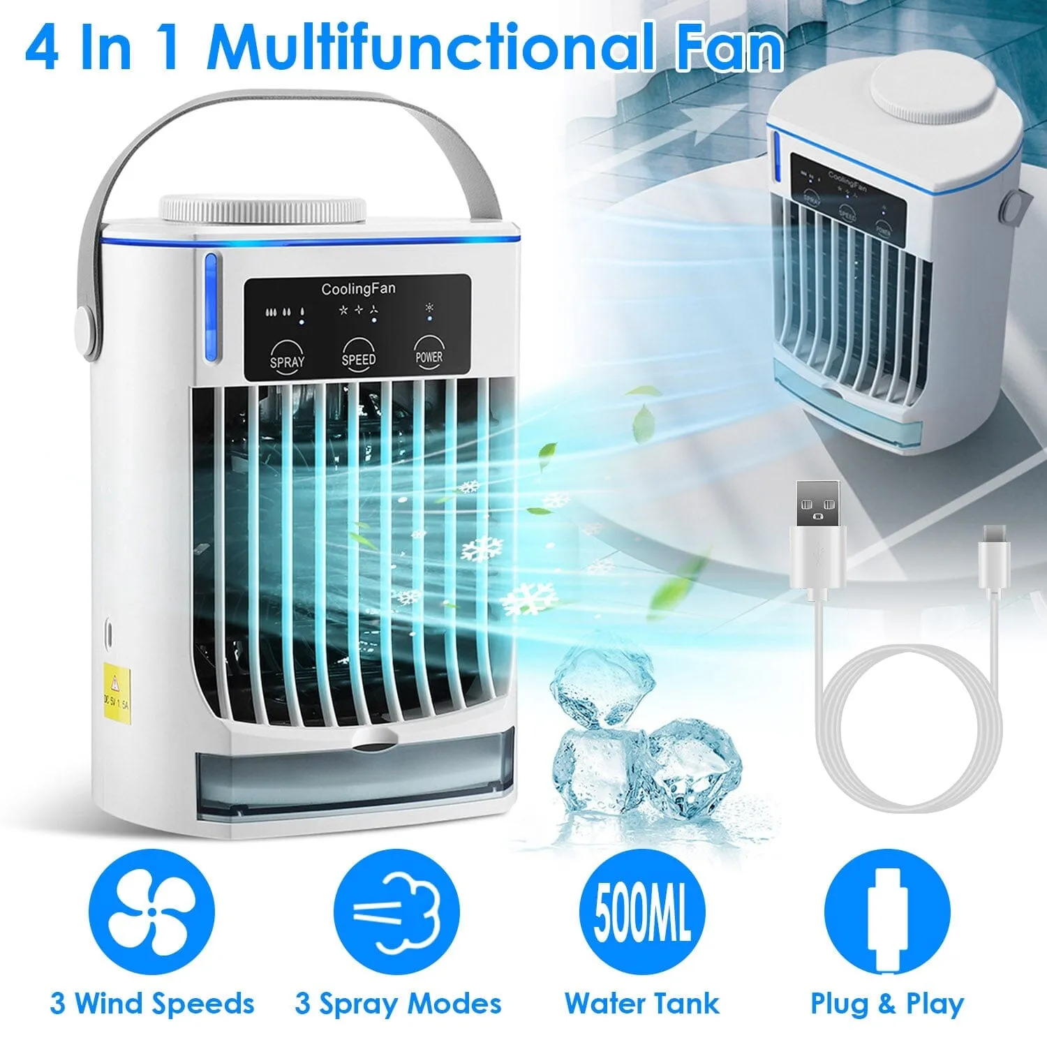 Portable Air Conditioner Fan Evaporative Humidifier 3 Speed Spray