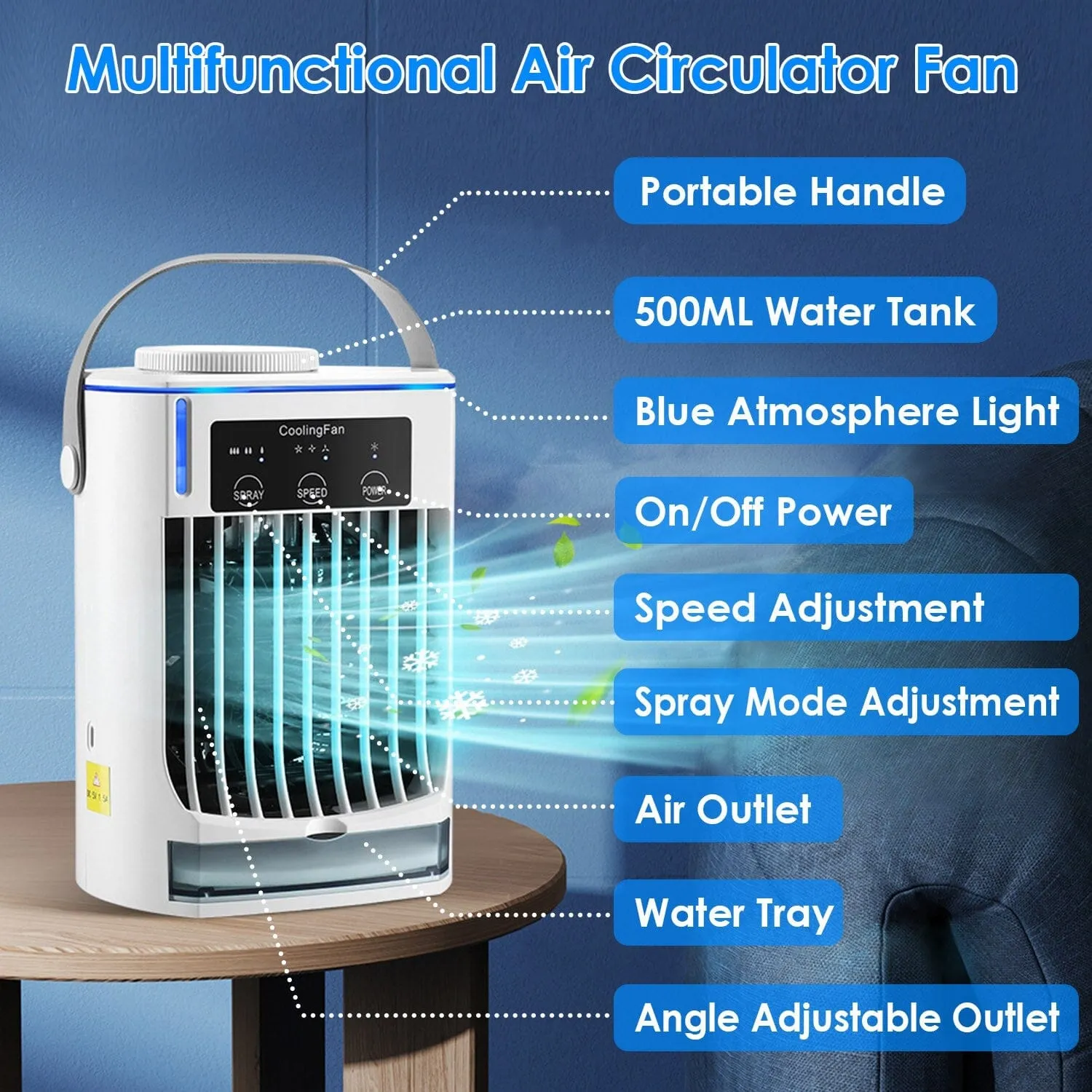 Portable Air Conditioner Fan Evaporative Humidifier 3 Speed Spray