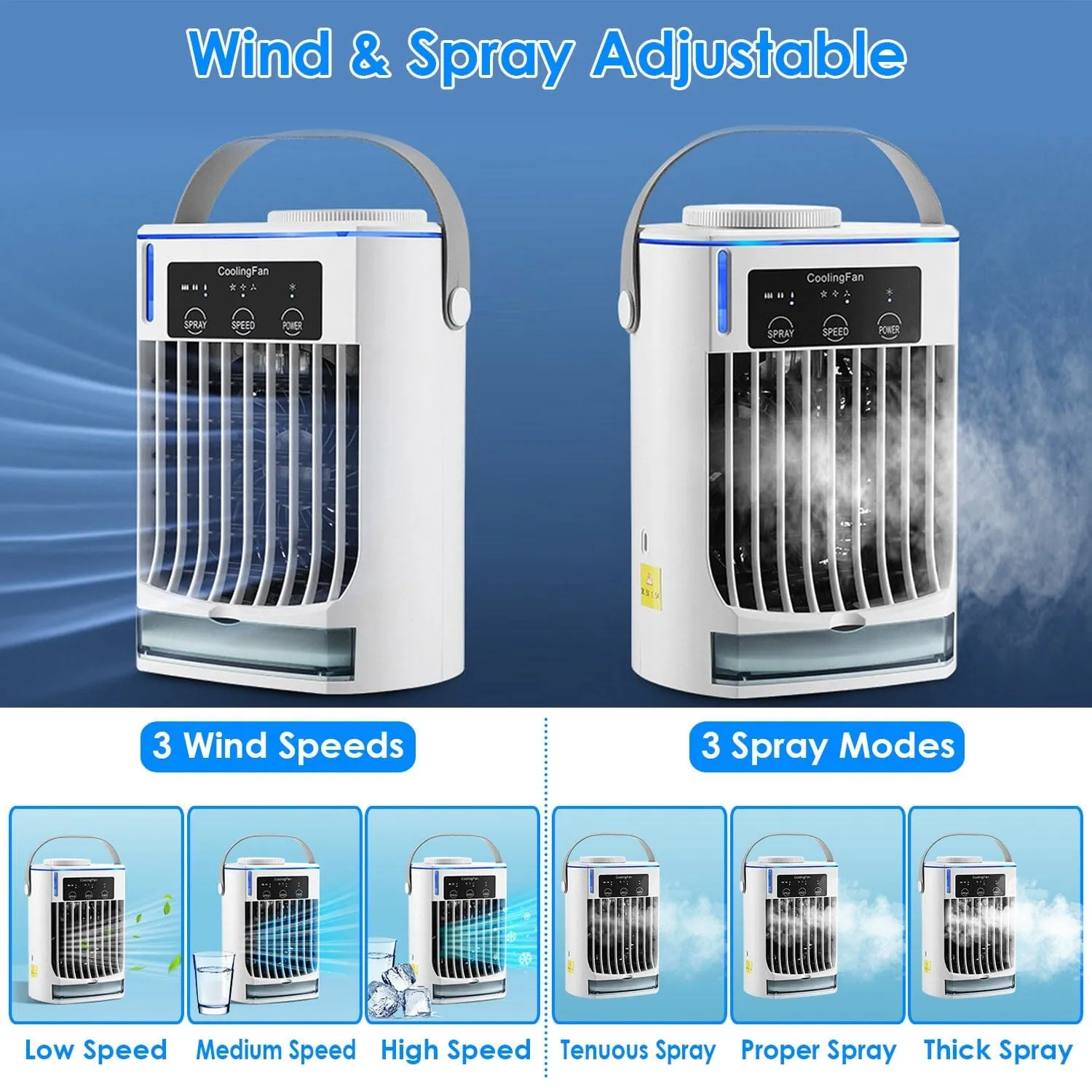 Portable Air Conditioner Fan Evaporative Humidifier 3 Speed Spray