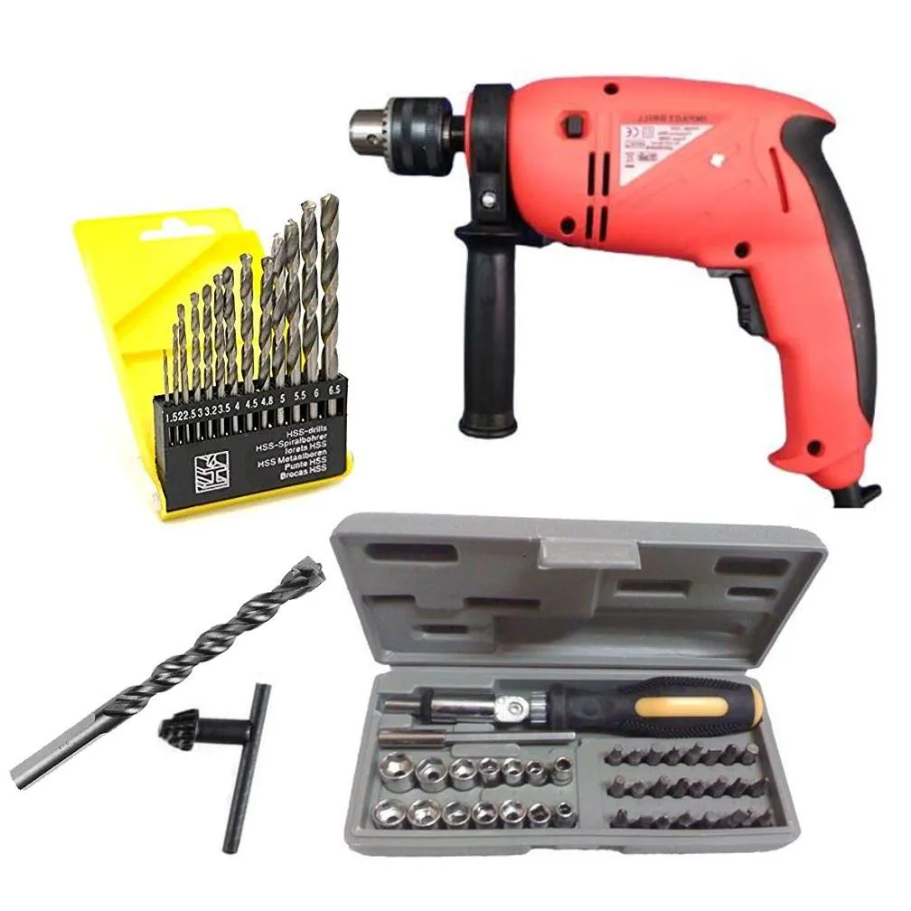 Powerful 13 mm Impact Drill Machine Reverse Forward 700 watt with 13 Hss Drill Set and 1 Masonry bit with 41 pcs Toolkit screwdriver set