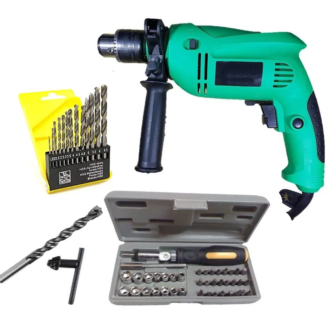 Powerful 13 mm Impact Drill Machine Reverse Forward 700 watt with 13 Hss Drill Set and 1 Masonry bit with 41 pcs Toolkit screwdriver set