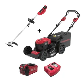 Powerworks 40V self-propelled 46cm lawnmower and trimmer/brushcutter combo