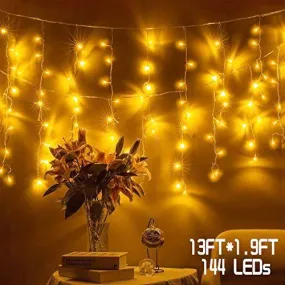 Quntis 8 Modes LED Curtain Xmas Lights – 144 LEDs for Xmas Decor & Holiday Decoration