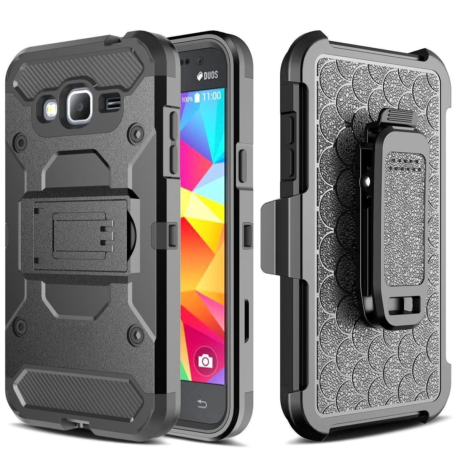 Samsung Galaxy J3 Case, Galaxy Sky, Galaxy Express Prime Case, Galaxy Sol, Galaxy Amp Prime, J3 V Hybrid Holster Tri-Layer Protector Case [Kickstand][Belt Swivel Clip] - Black