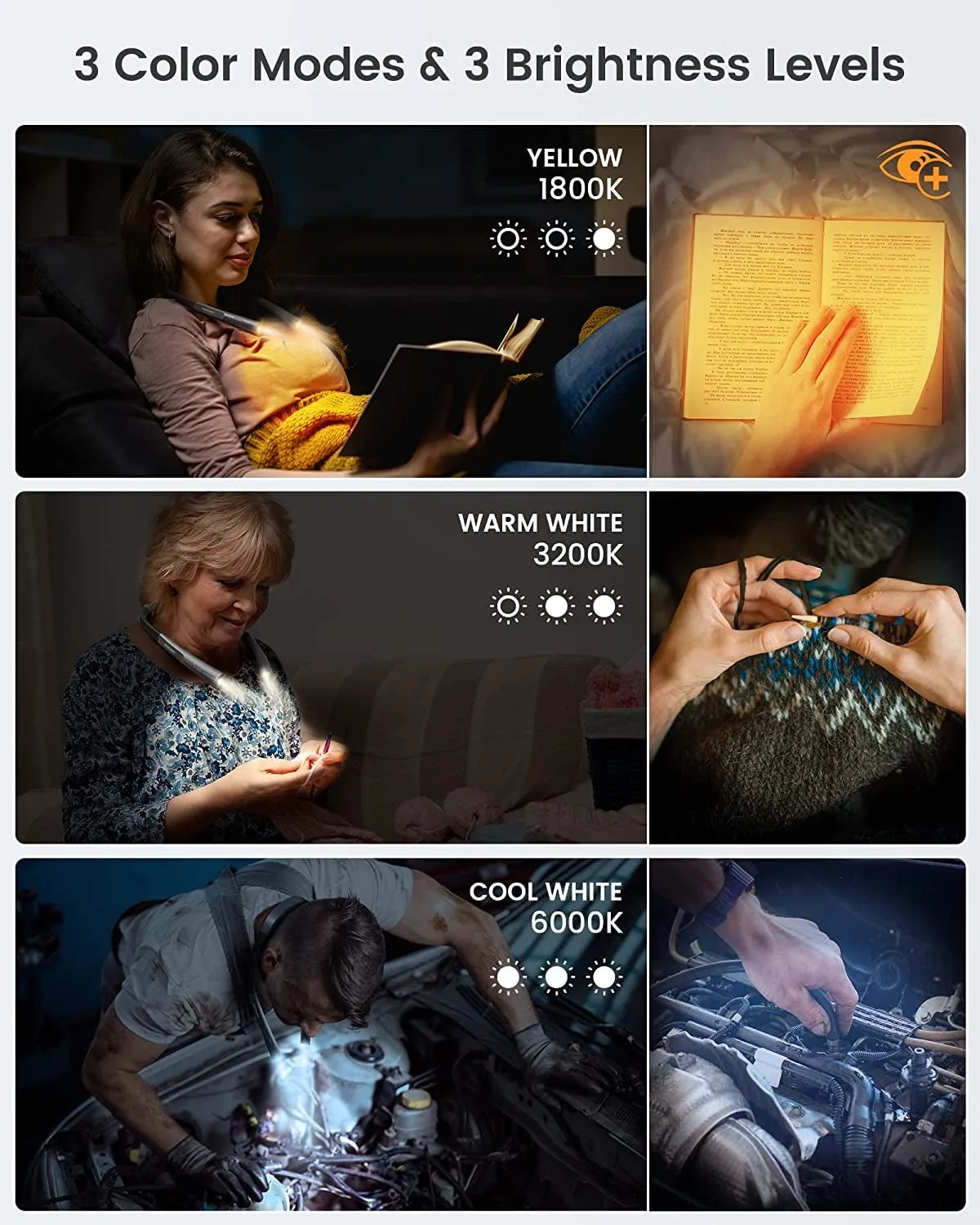 Upgraded LED Neck Reading Light, Book Light for Reading in Bed, 30-Min Timer, 3 Colors & 3 Brightness Adjustable, Rechargeable & Long Lasting, Perfect for Reading, Knitting & Repairing