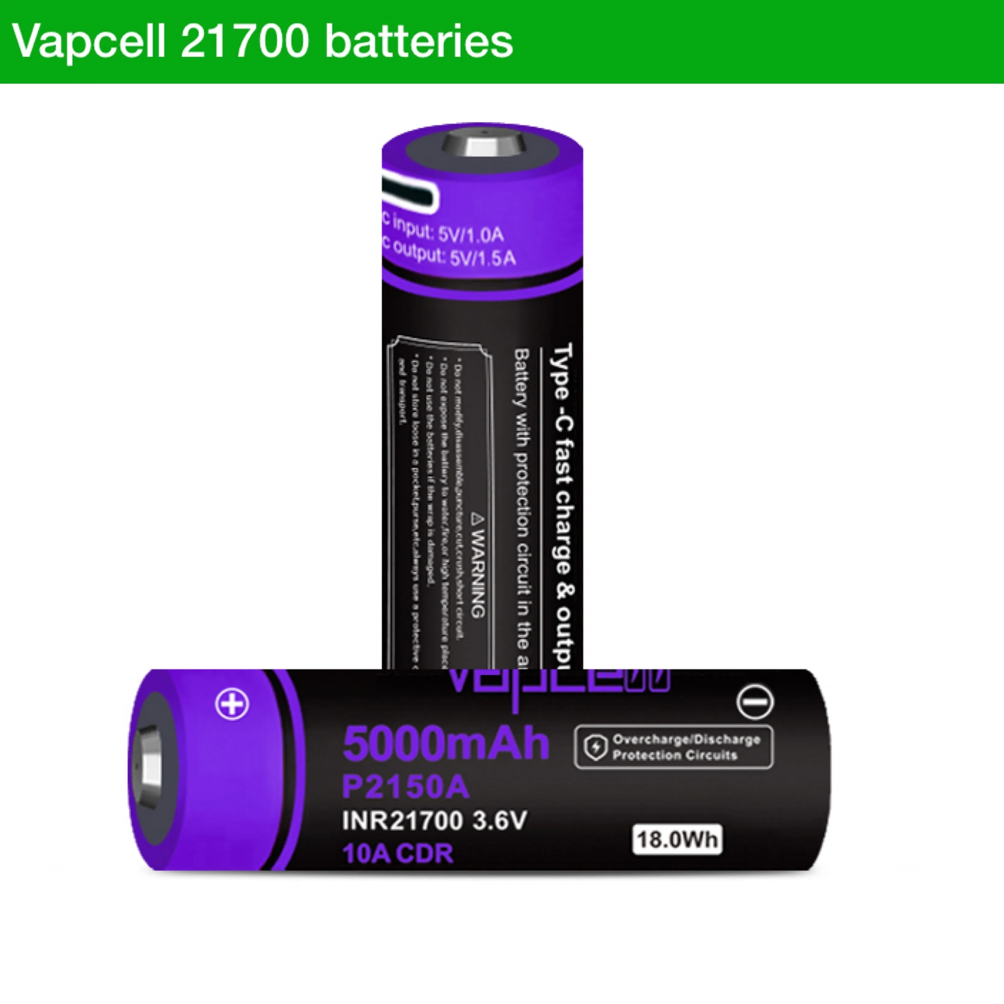 Vapcell P2150A INR21700 5000mAh 3.6V 18Wh 10A USB Type-C Rechargeable Battery