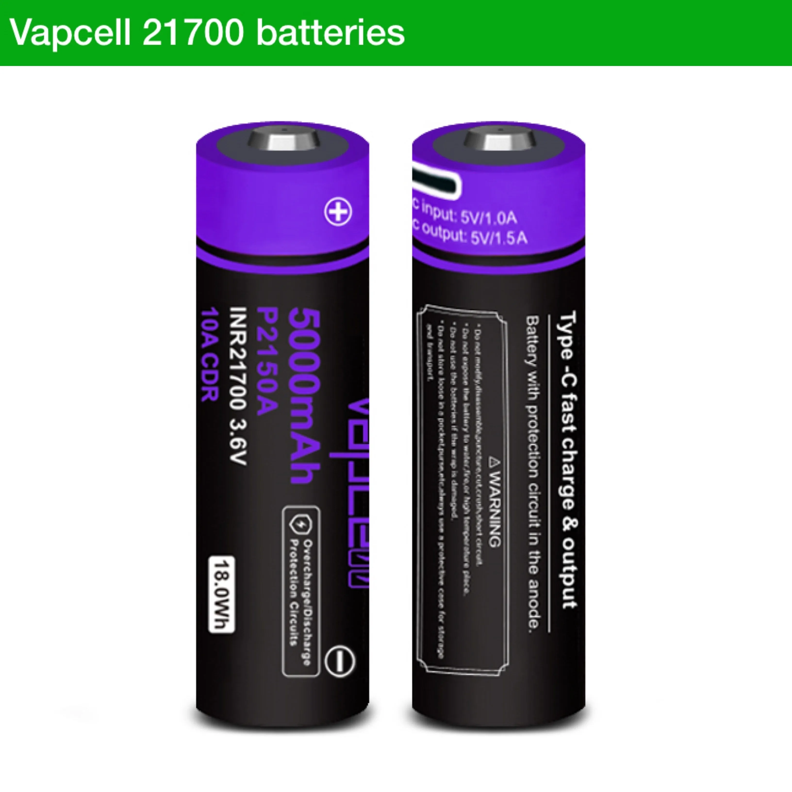 Vapcell P2150A INR21700 5000mAh 3.6V 18Wh 10A USB Type-C Rechargeable Battery
