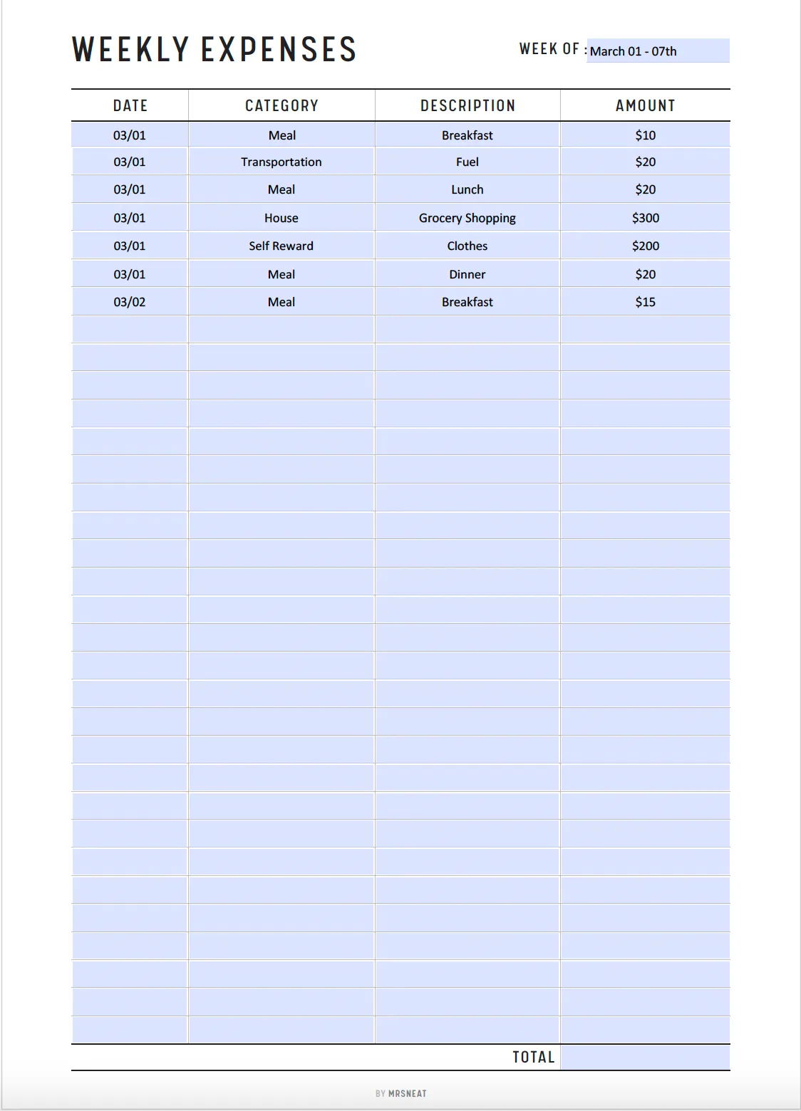 Weekly Spending Tracker Printable - M115/6