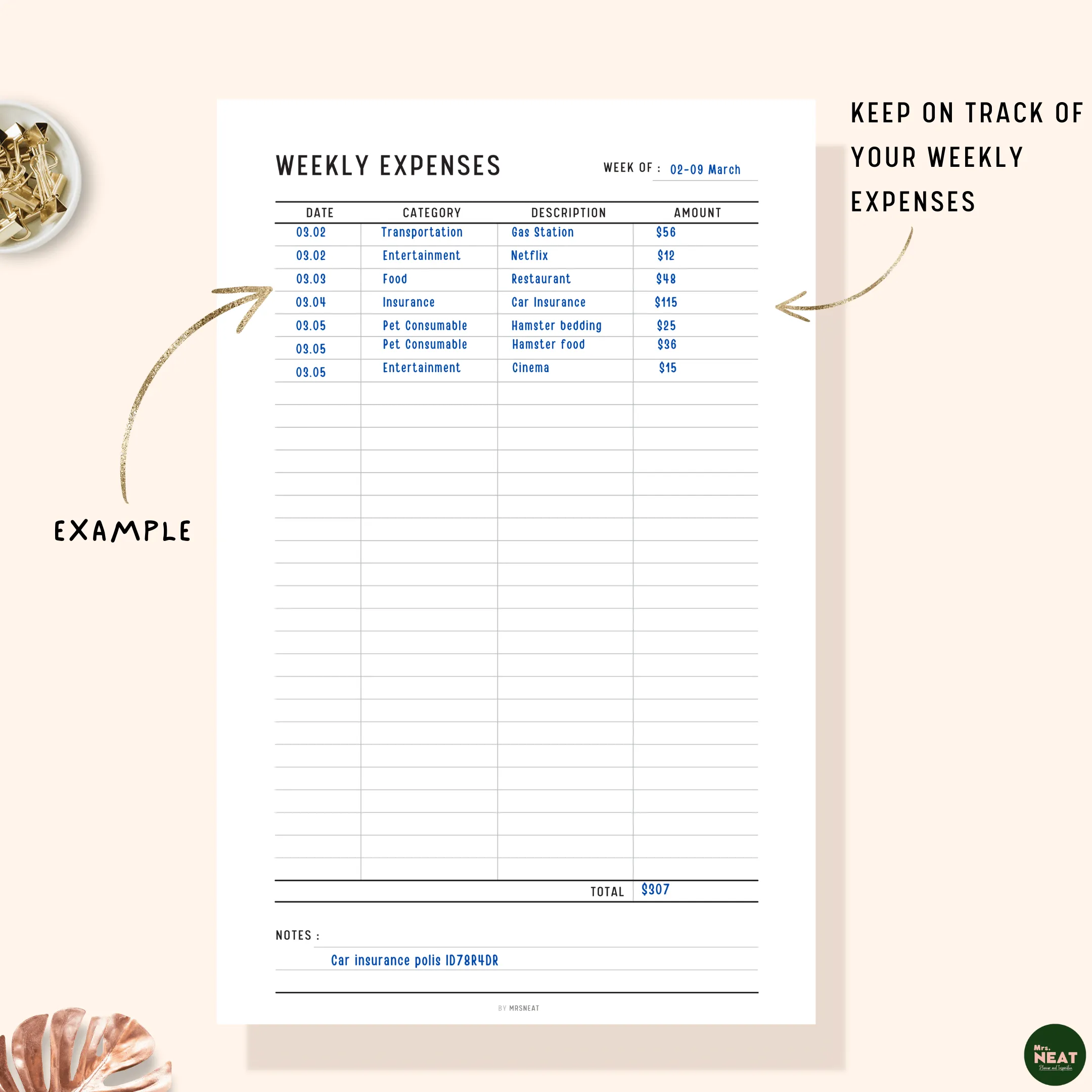 Weekly Spending Tracker Printable - M115/6