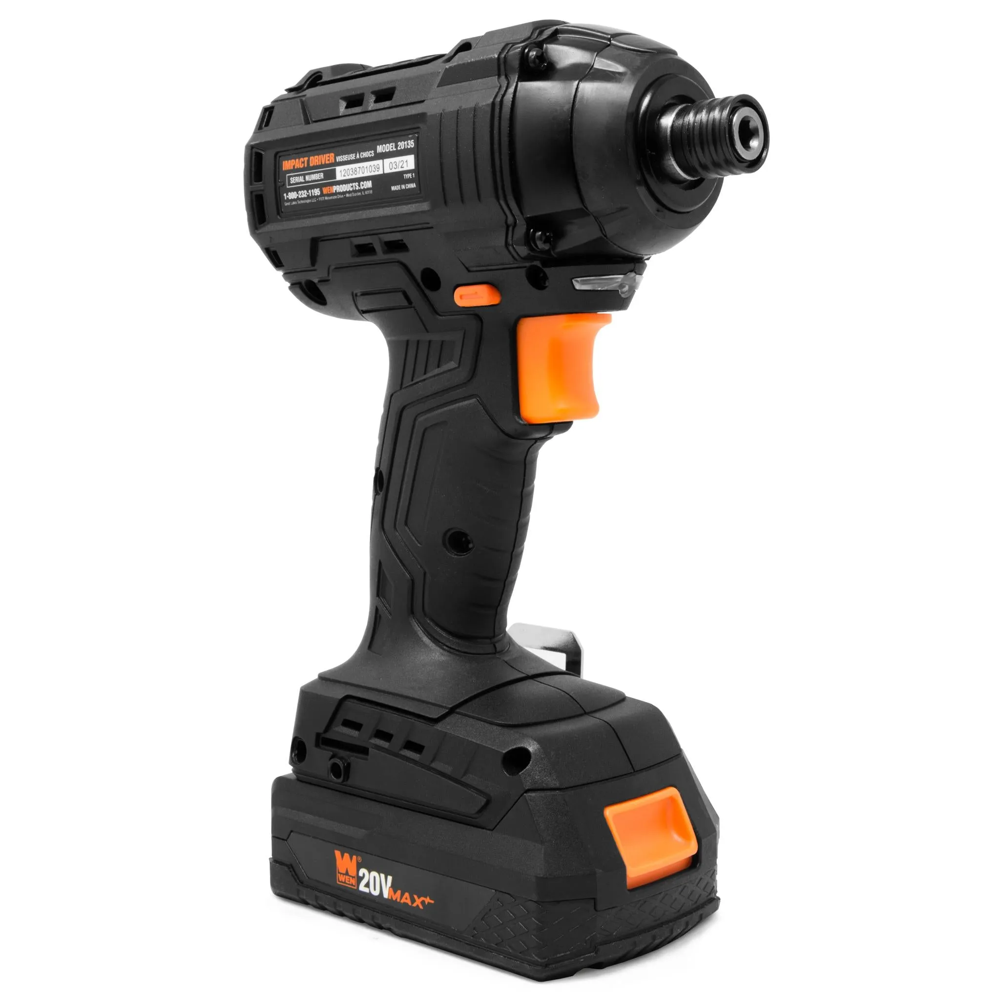 WEN 20135 20V MAX Lithium-Ion 1/4-Inch Brushless Cordless Impact Driver w/ 2.0 Ah Battery and Charger