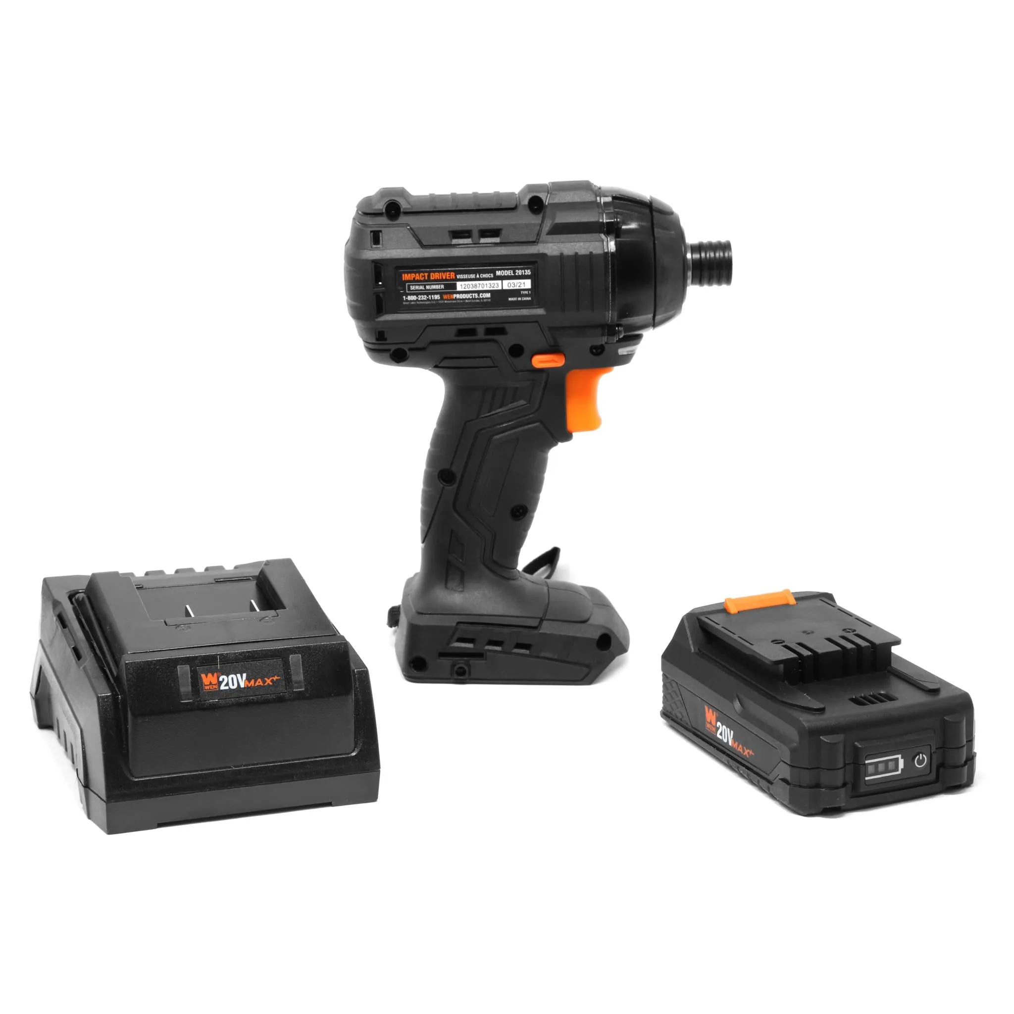 WEN 20135 20V MAX Lithium-Ion 1/4-Inch Brushless Cordless Impact Driver w/ 2.0 Ah Battery and Charger