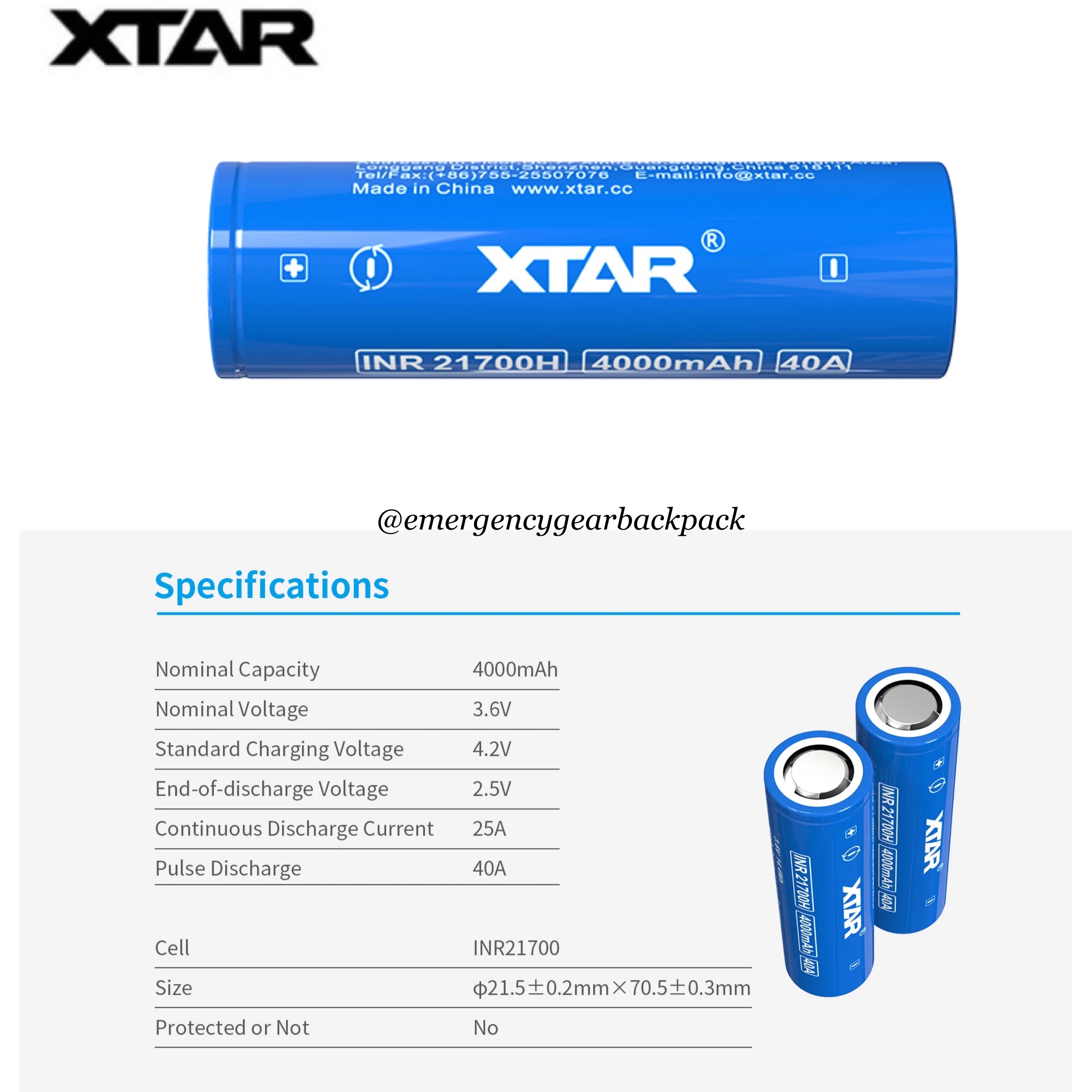 XTAR INR21700H 4000mAh 3.6V 40A  High-drain Li-ion Battery